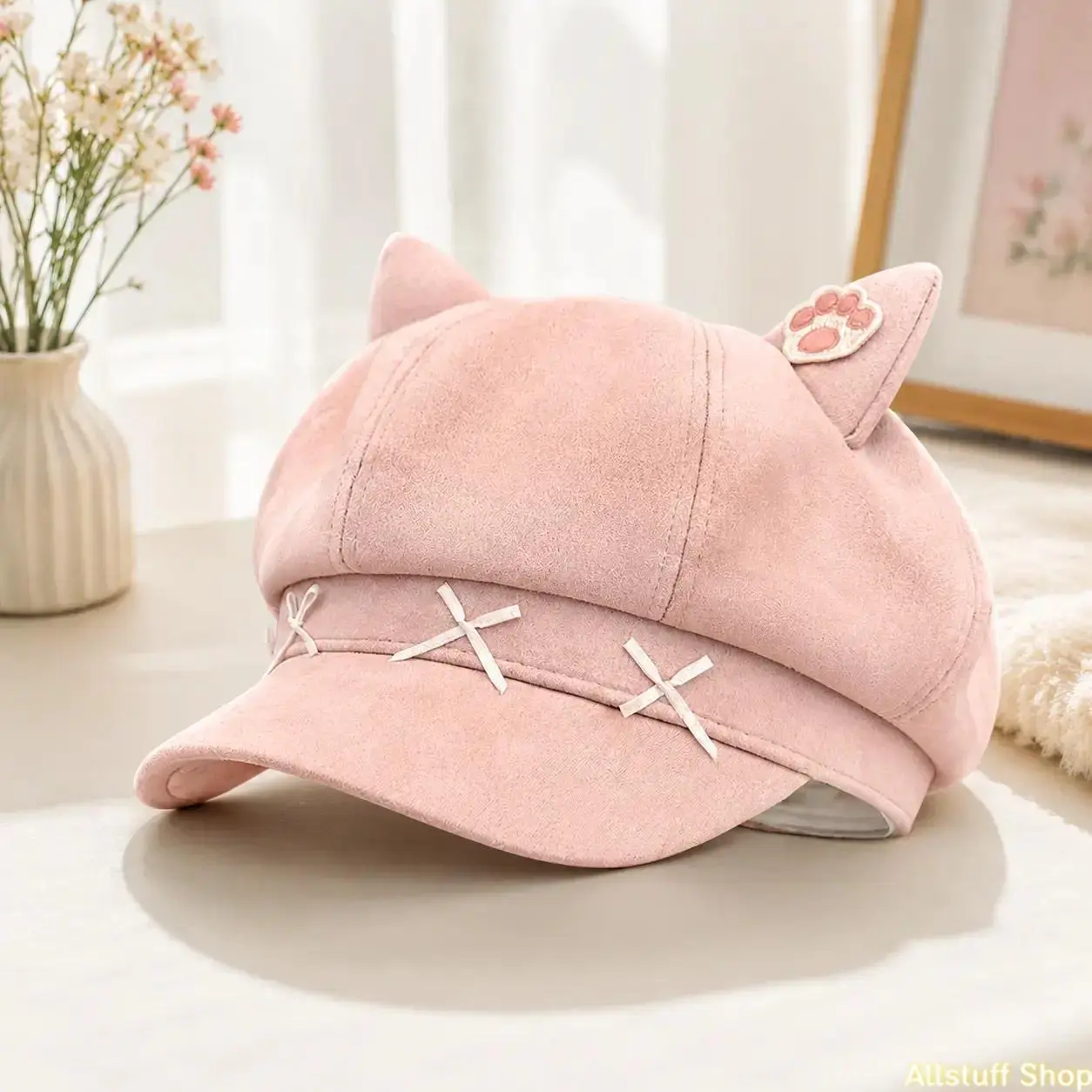 Cute Bowknot Cat Ear Beret Hat Soft Breathable Octagonal Cap French Style Autumn Winter Warm Artist Painter Bonnet for Women homedecor