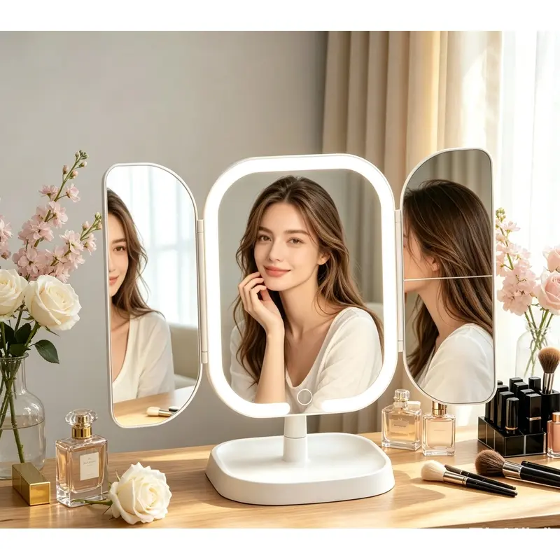 LightedTriFoldMakeupMirror3ColorDimmableTouchControlVanityMirrorforHomeBedroomTriFoldLightedMakeupMirrorwith3ColorLightingTouchControlVanityMirrorPortableCosmeticMirrorforBedroomDressingTableGiftforWomen