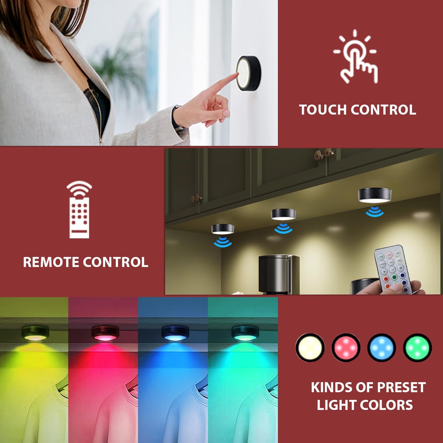 LED Puck Dimmable Night Light, Battery Powered LED Cabinet Light With Remote & Touch Control For Closets, Bedroom Walls, Cabinets, Walkways