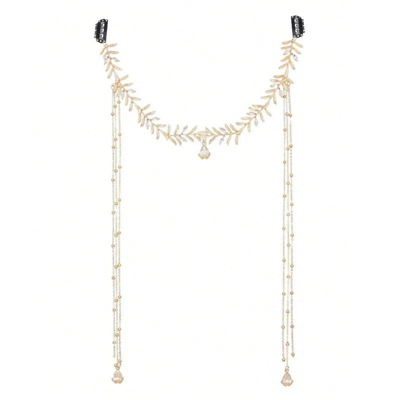 Indian Boho Bridal Headdress Fashion Golded Alloy Leaf Green Crystal Long Chain Tassel Head Chain Women's Forehead Jewelry