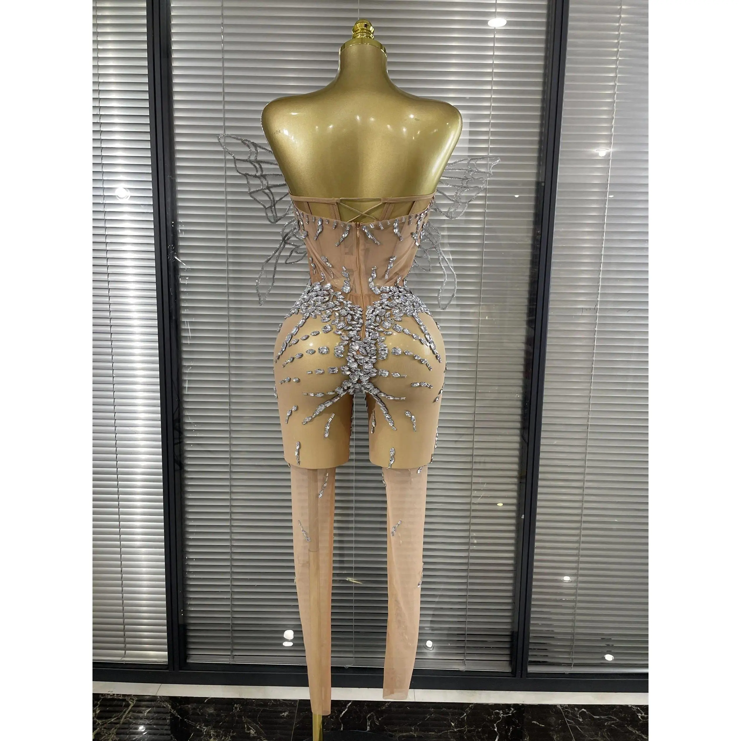 Sparkly Silver Diamond 3D Butterfly Strapless Sheer See Through Jumpsuit Eveing Party Birthday Bar Nightclub Sexy Stage Costumes