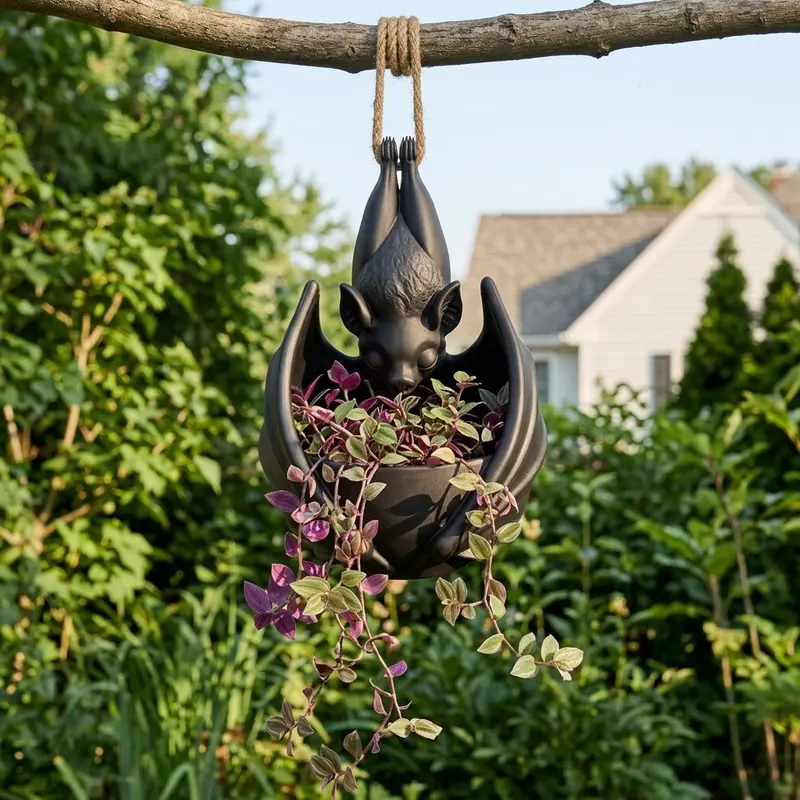 Upside Down Hanging Bat Plant Pot Gothic Style Resin Hanging Planter for Indoor Outdoor Halloween Patio Porch Decoration Hanging Planters for Indoor Plants