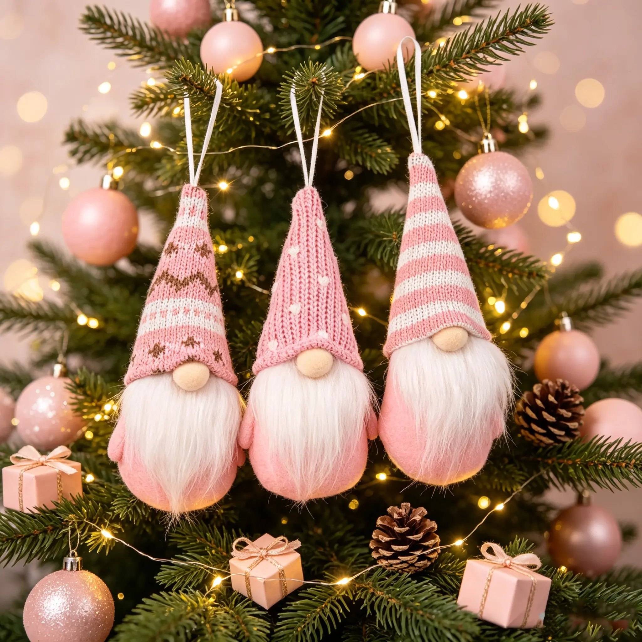 Set of 3 Festive Christmas Gnome Desktop Decorations, Colorful Polyester Hanging Ornaments with Plush Accents, Perfect for Holiday Parties & Home Decor