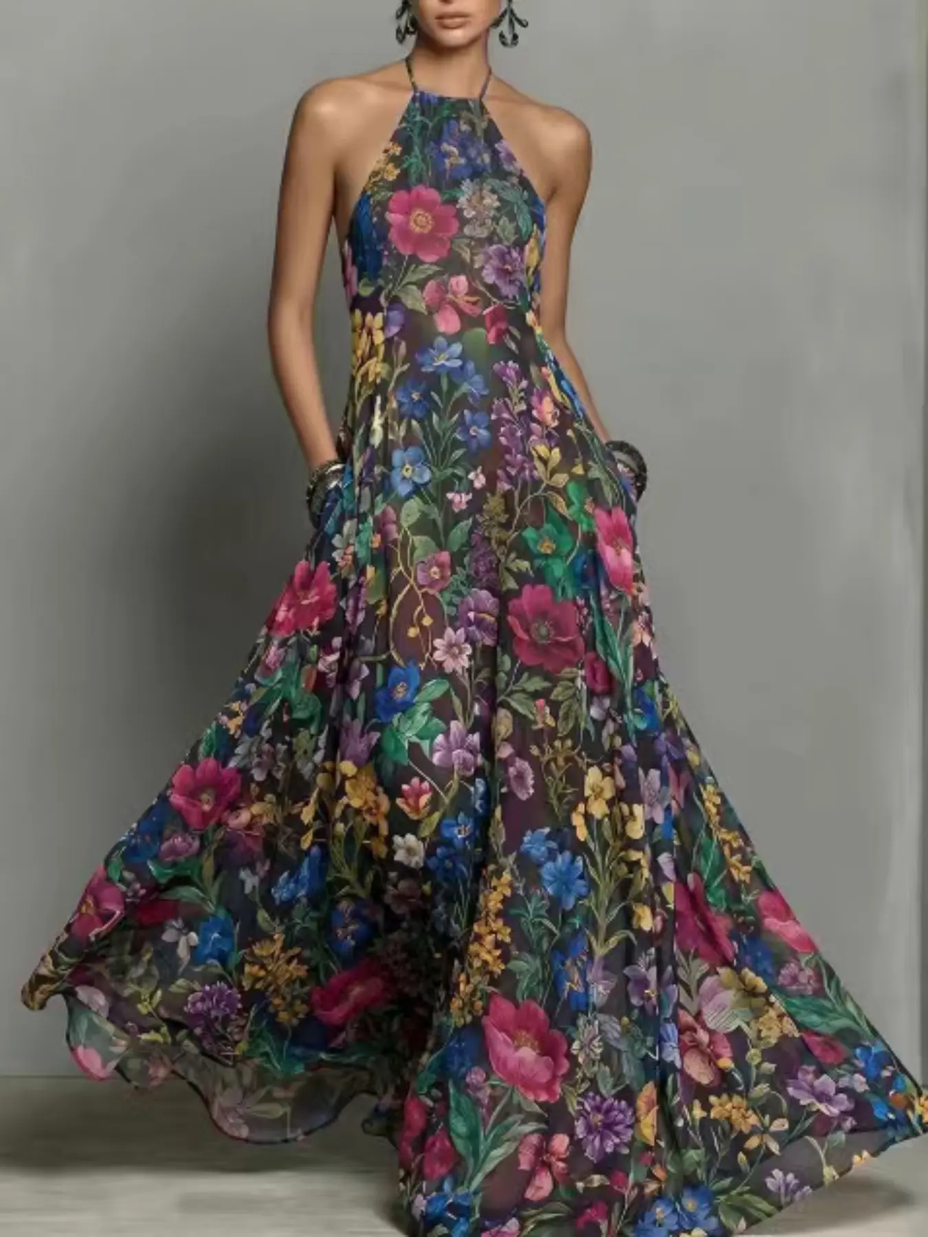 2026 Summer New Plant Floral Print Halter Sleeveless Dress, Off-Shoulder Slimming A-Line Flowy Lightweight Long Dress, Trendy Bohemian Boho Chic Cross-Border Fashion