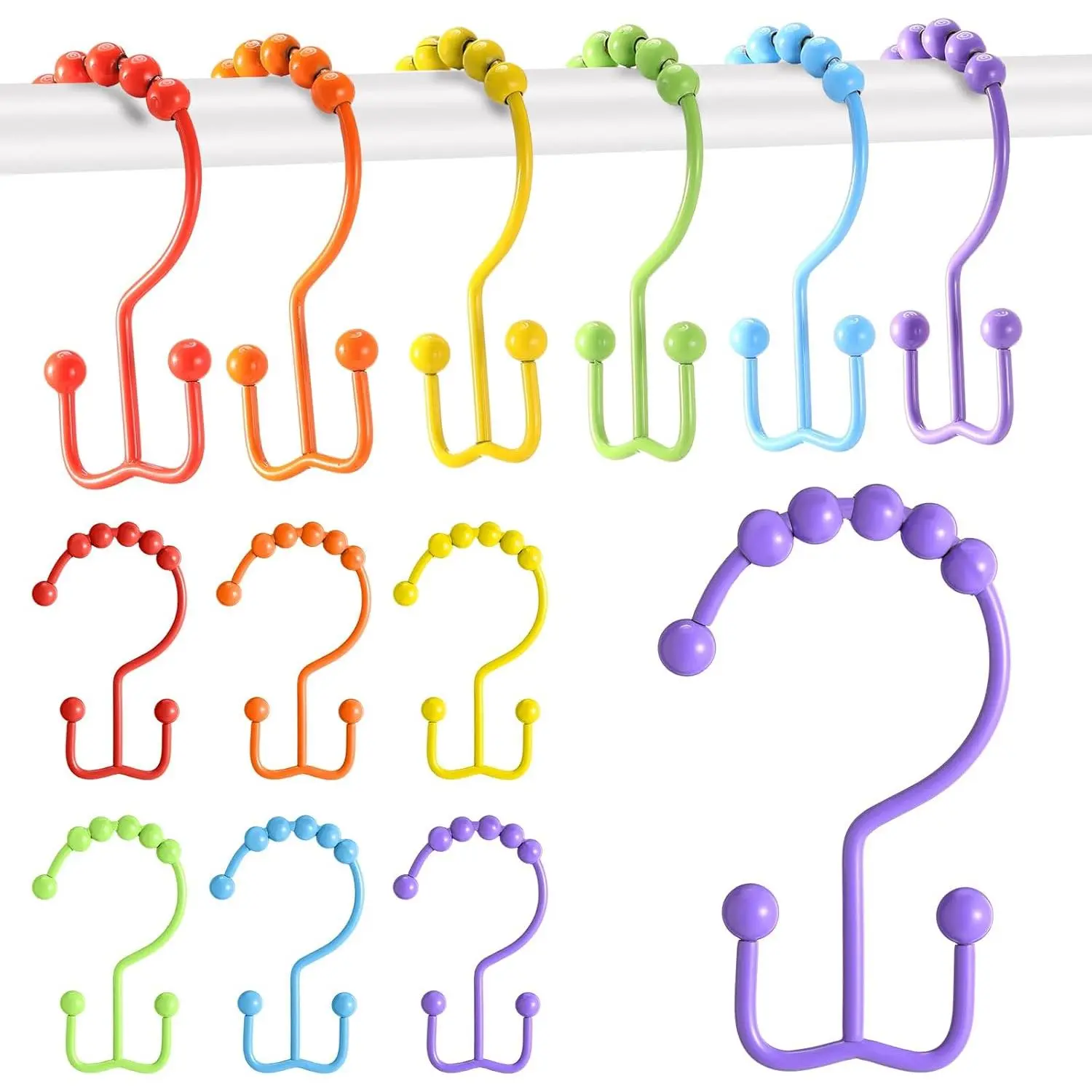 12 Pcs Colorful Shower Curtain Hooks Bohemian Rainbow Color 304 Stainless Steel Rings Rust Proof Balanced Double Glide Shower Hooks for Curtain Bathroom(Rainbow Color)