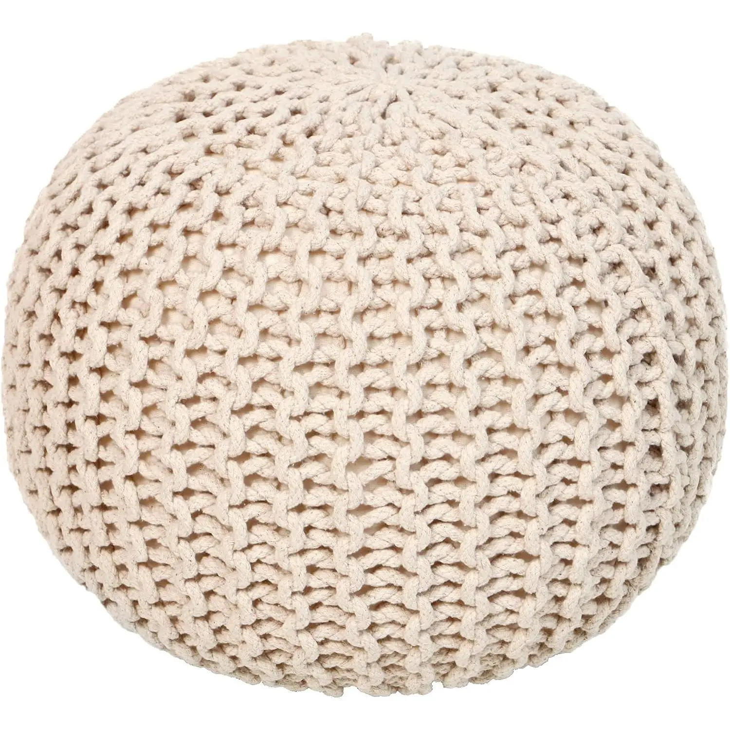 Round Pouf Ottoman Cable Knitted Boho Poof Home Décor Cord Pouffe Handmade Circular Footrest for Living Room Bedroom Kids Bedroom 100% Cotton Pouf (18" x 18" x 14") Ivory