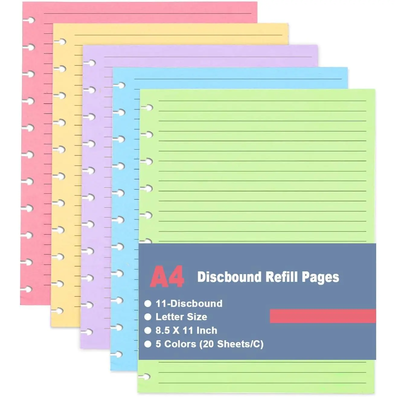 Modern A4 TUL Discbound Ruled Refill Paper - 11 Disc Hole Punched, 8.5x11in Letter Size, 5 Colors (20 Sheets/Color), 100 Sheets/200 Pages, College Ruled, Acid-Free, Double Sided, Office Stationery for Ring Binders