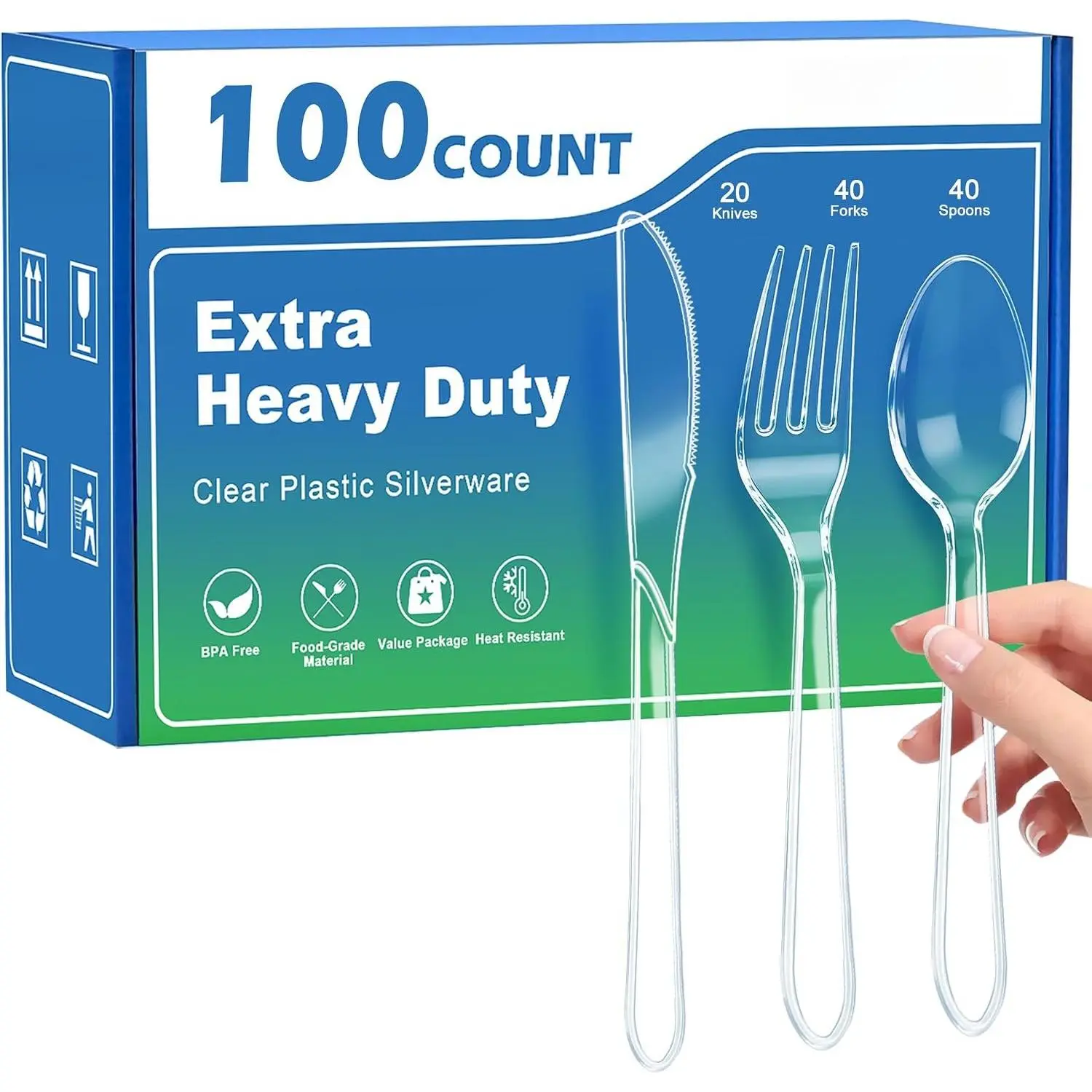 100 Count Extra Heavy Duty Plastic Silverware Disposable Cutlery Set | , Heat Resistant, Disposable Clear Plastic Utensils Set, Plasticware Bulk for Parties, Events and Everyday Use