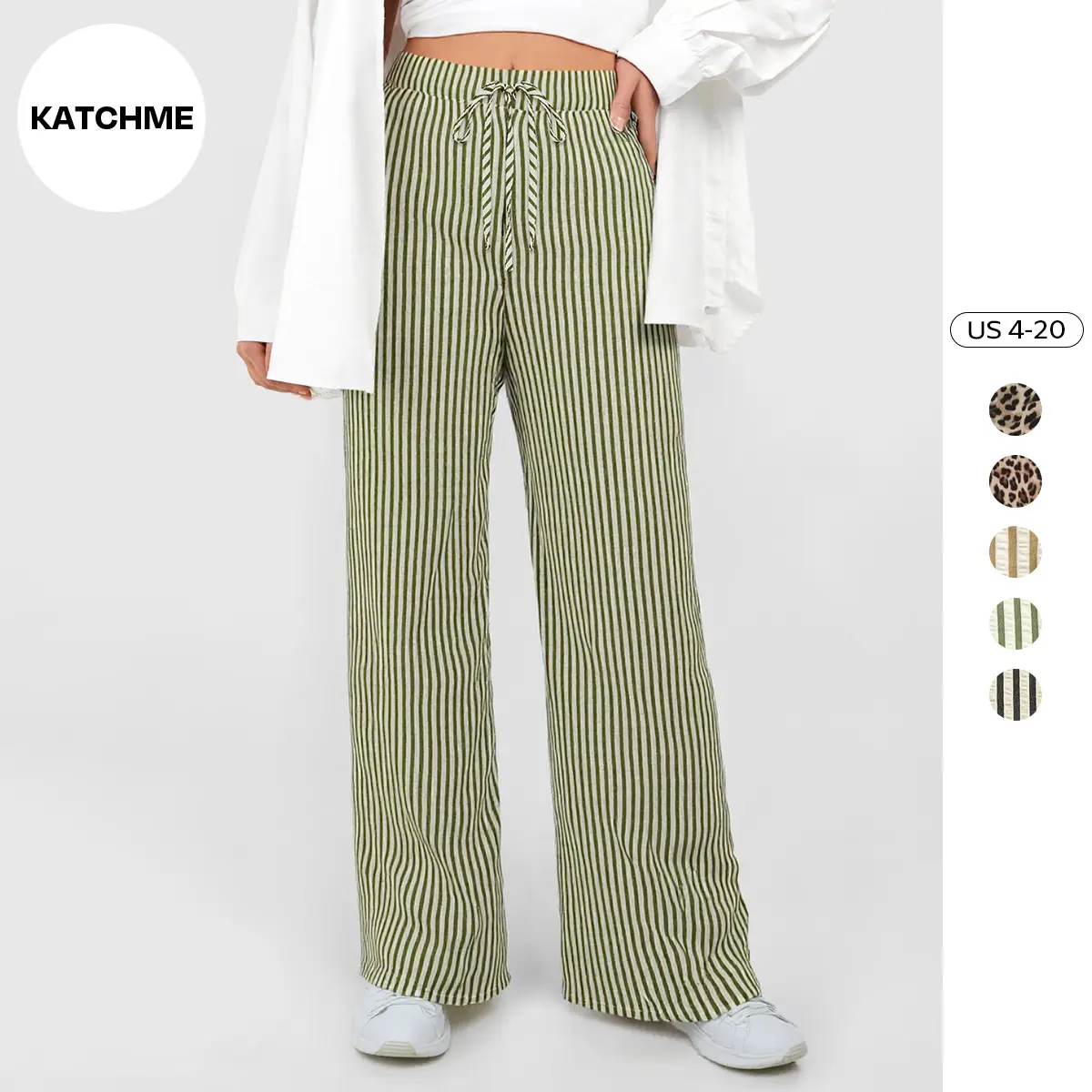 KatchMe Women's Classy Allover Print Drawstring Decor Wide Leg Trousers (2), Leopard Print High Waist Pocket Lightweight Pants, Stripe Streetwear