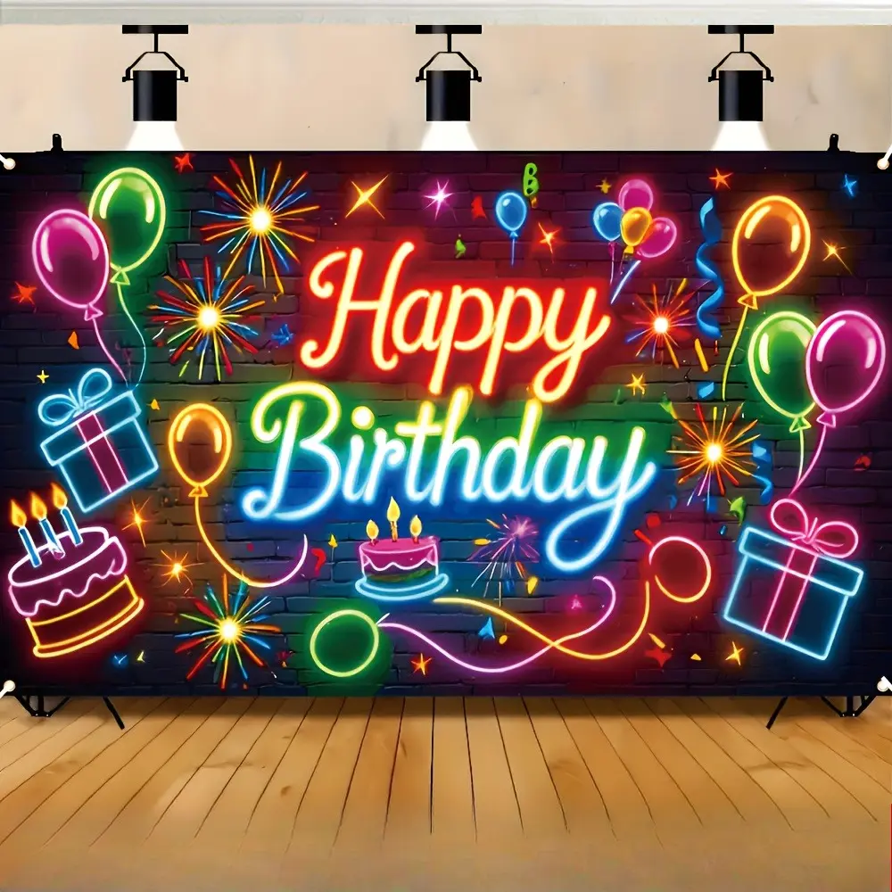 Polyester Rectangular Neon Print Fluorescent Tapestry Wall Hanging - Lightweight Ribbon Style Home Decor, Birthday Balloons Gift Box Backdrop Banner, Indoor-Outdoor Party Photo Booth Photography Props, Room