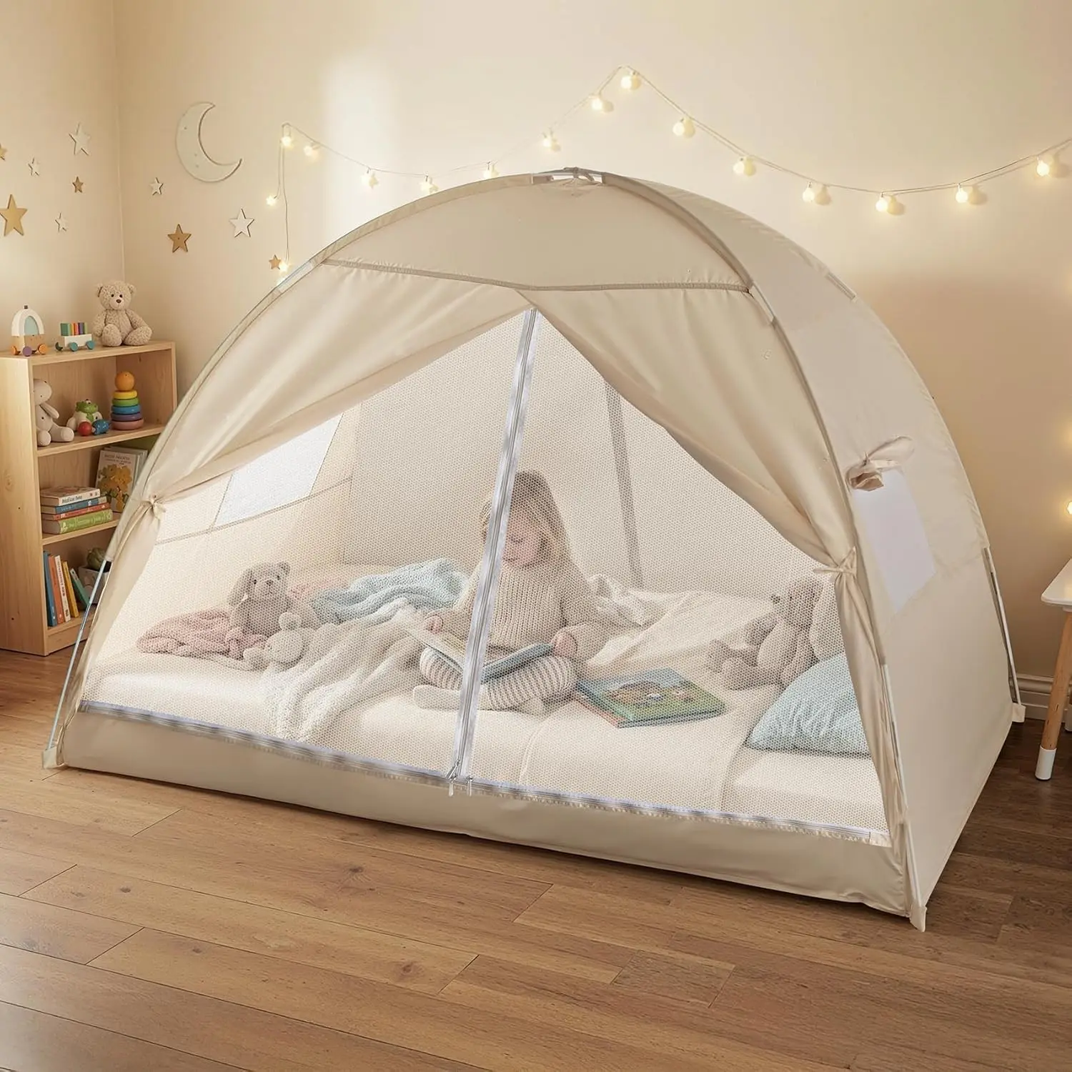 Bed Tent Full Size, Blackout Privacy Sleeping Canopy for Kids and Adults, Indoor Floor Tent with Mesh Windows, Zippered Doors, Easy Setup & Portable Bed Canopy for Bedroom and Travel
