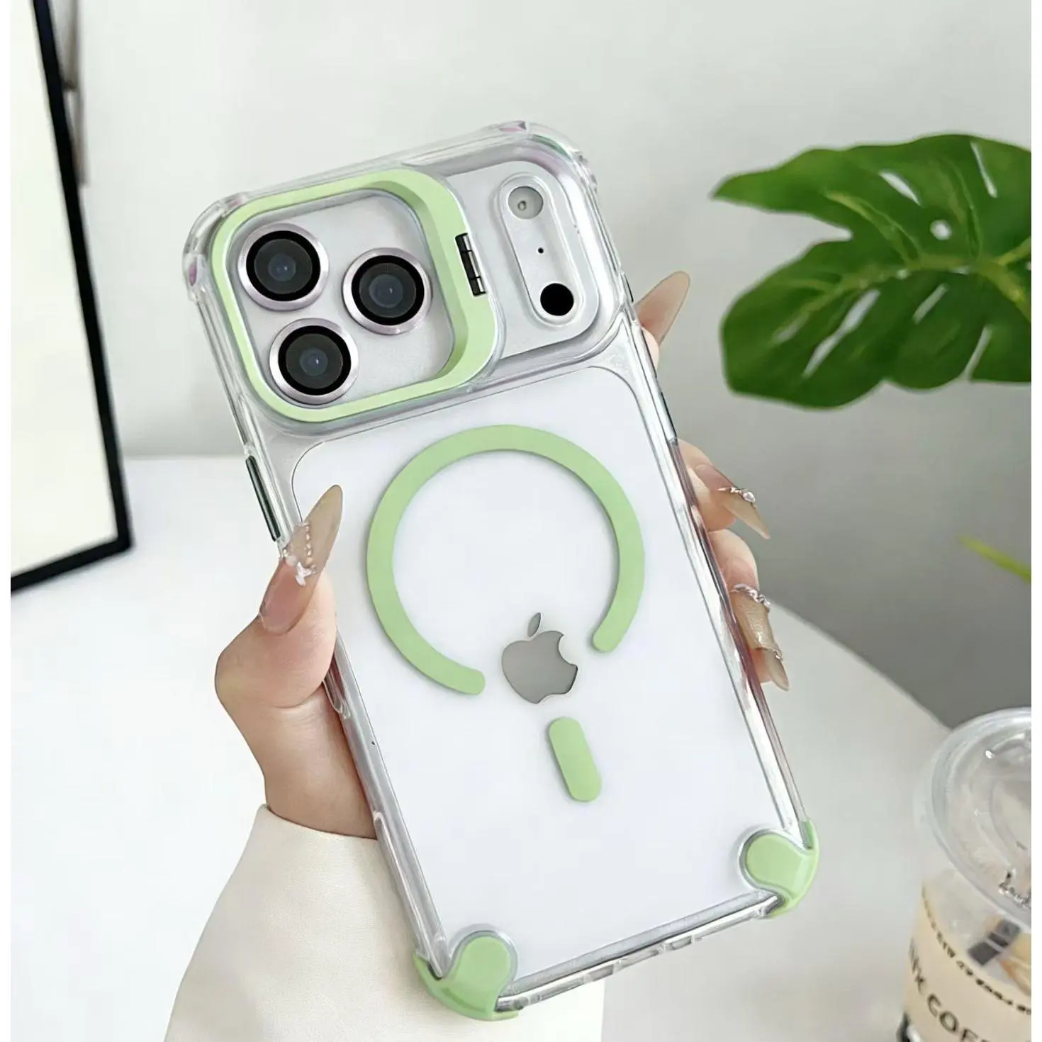A transparent phone case for ip17promax-13, featuring a metal lens holder and an independent camera protector