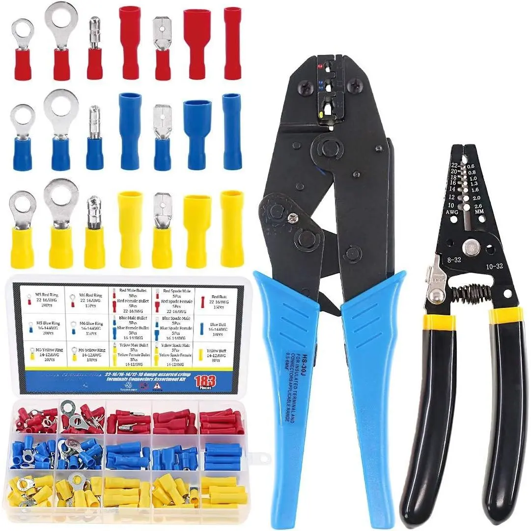 Professional Self-adjustable Ratchet Wire Crimping Pliers AWG 22-10 and a Wire Stripper Tool Set with 183 count Insulated   Spade Ring Crimp Terminals Connectors  Kit