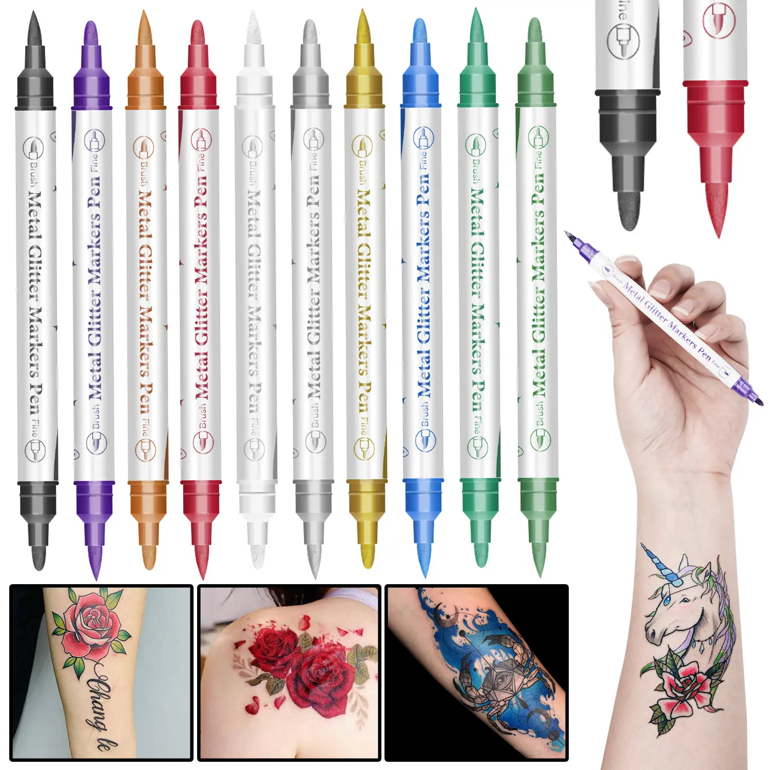 10 Color/30 Color Dual-Ended Temporary Tattoo Pen, DIY Nail Art Brush, Soft Tip Metal Color Skin Marker, Body Art, Ideal for Cosplay Parties