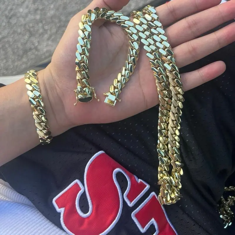 【2pcs Set】14K Vacuum-gold Plated Hip Hop Jewelry Miami Cuban Link Chain Necklace and Bracelet Fashionable Accessory Valentines Gifts for GF Men Women unisex Monaco Mexico & Micro Promise chains For Husband Boyfriend Birthday Gift, Cuban Links, Daily Wear