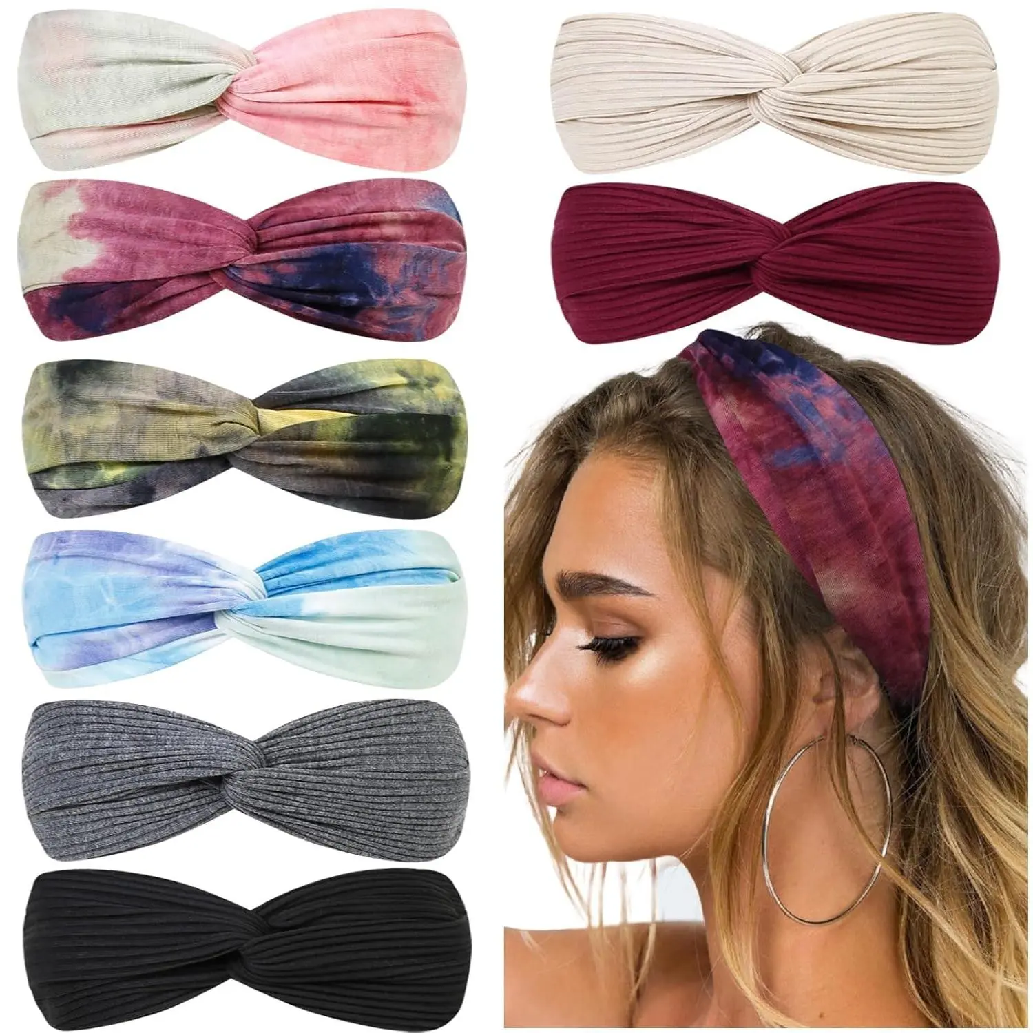 Women's Boho Headbands - Wide Soft Elastic Turban Hair Wraps, Boho Tie Dye Hair Styling Accessories for Women, Summer Fashion Accessory