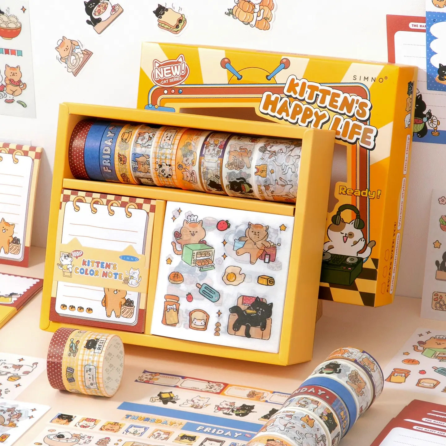 Kawaii Cat Scrapbook Supplies Kit, 120 pcs Stationery Set with Memo Notes, Washi Tape & Stickers, Craft Scrapbooking Supplies Gift for Cat Lovers, Bullet Junk Journals, Scrapbook Materials