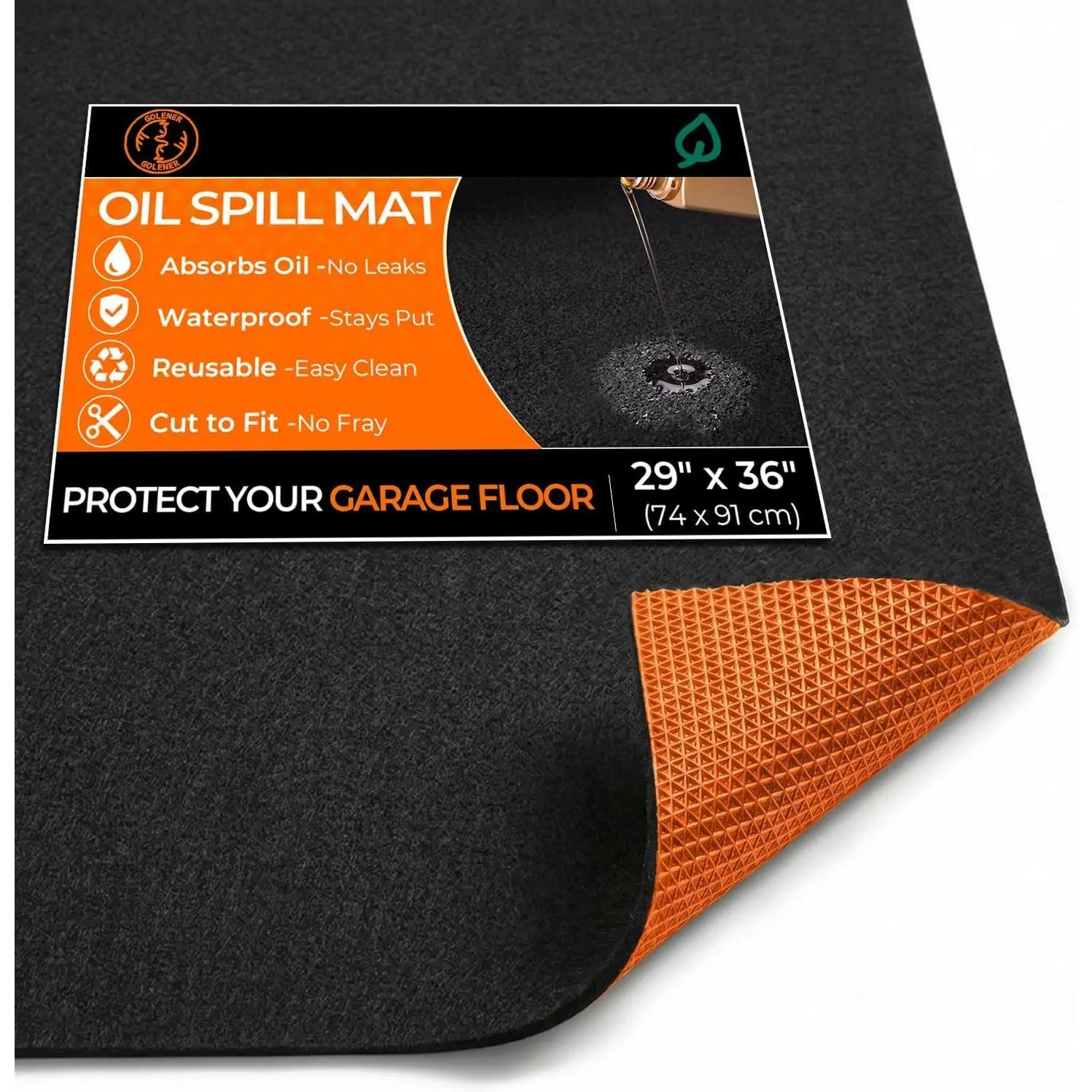 Oil Spill Mat - Garage Floor Mat, Absorbent Oil Pad,  Maintenance Mat, , Contain Liquid, Protect Floor from Spill & Stain, , Washable, Durable, 29”x36”, Black/Orange