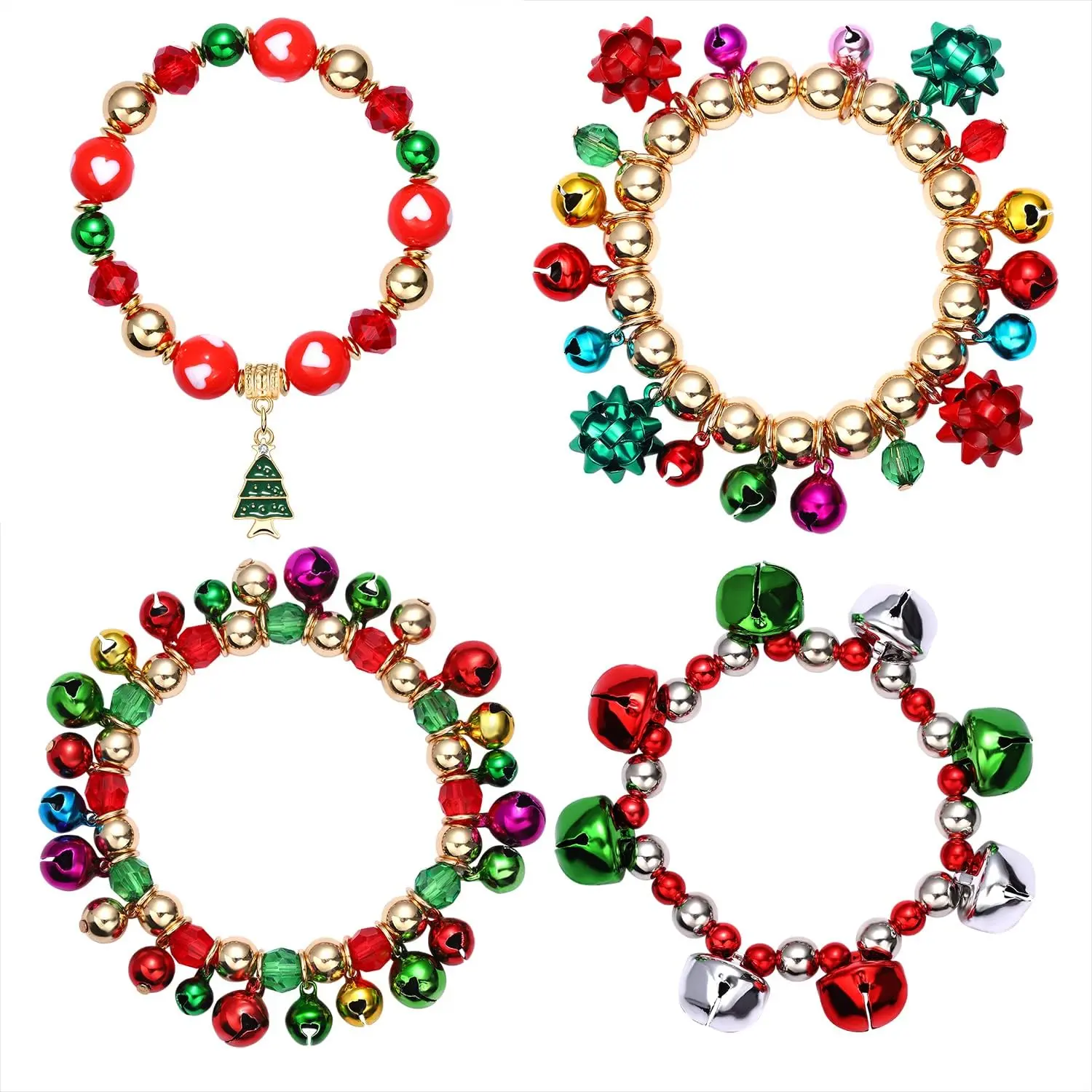 Christmas Jingle  Bracelets Beaded Xmas Tree Santa Bow Charm Bracelets Christmas Holiday Stretch Bracelets  Stocking Stuffers  Gifts for Women