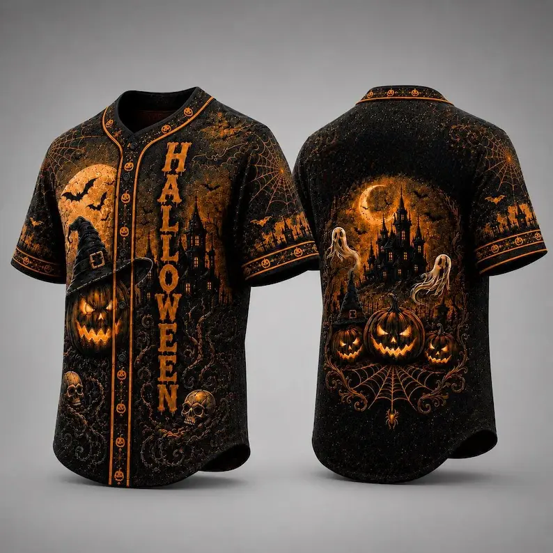 Halloween Baseball Jersey, Haunted House Shirt, Witch Pumpkin Spooky Button Down, Gothic Ghost Fall Festival Tee # Halloween Baseball Jersey # Halloween Gifts #   TikTokMadeMeBuyIt #   TikTokShop