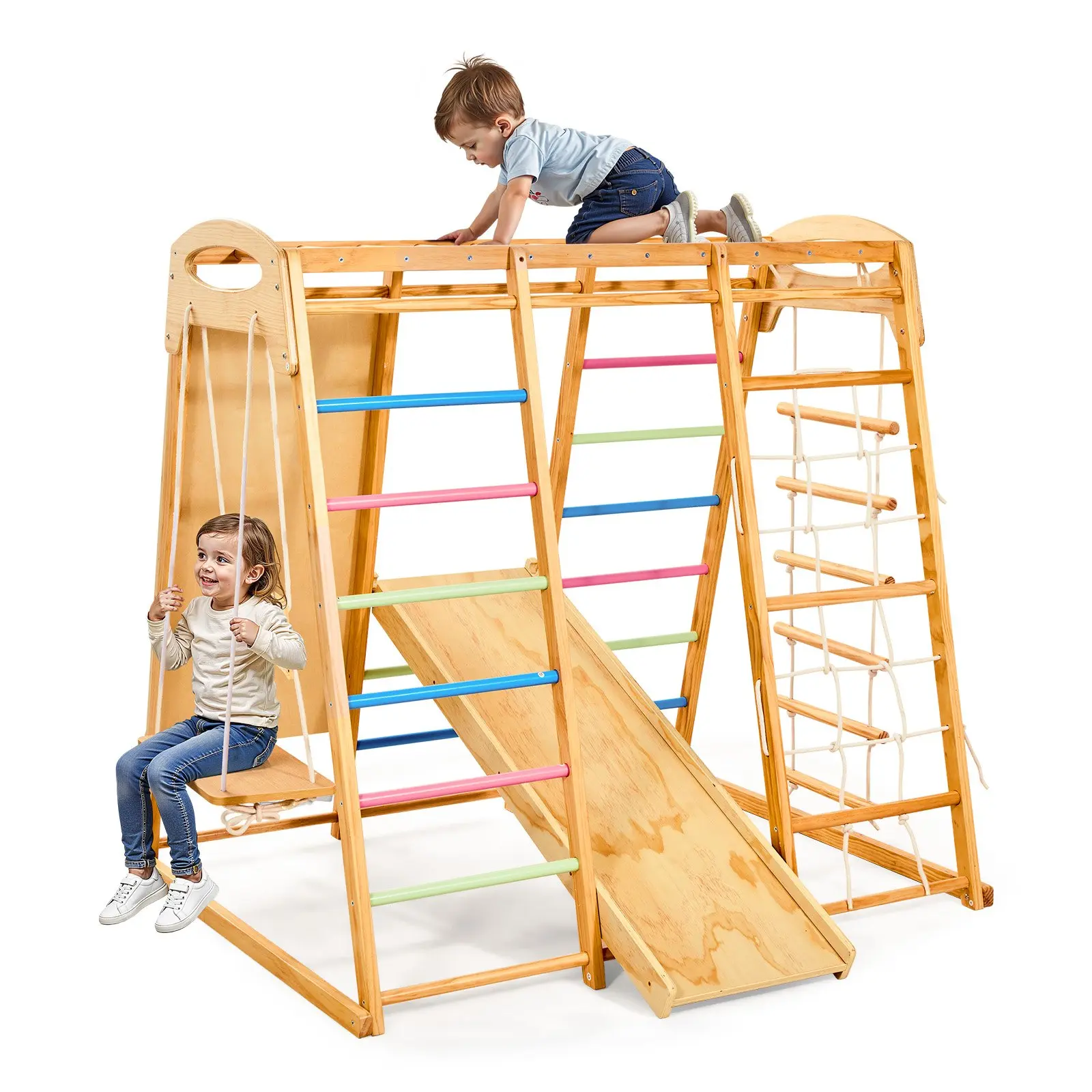 VEVOR Wooden Indoor Playground Jungle Gym, 7-in-1 Montessori Climbing Playset for Kids (250 lbs Capacity, 57.87x47.24x55.51 inches) with Swing, Monkey Bar, Slide, Ladder, Rope Ladder, Climbing Net, Rock, Balance Support & Safety Net for Swinging