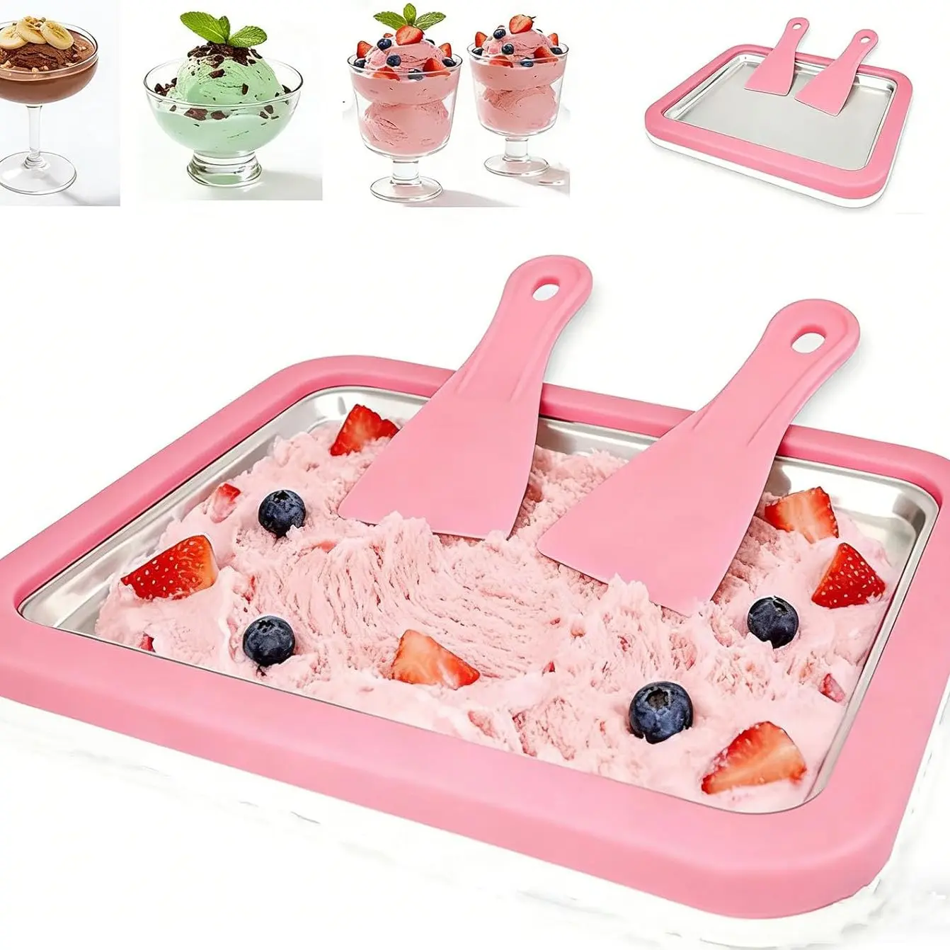 3-Piece Ice Cream Making Set, Includes Ice Cream Roller + 3 Spatulas, Home DIY Fun Activity Kit, Stainless Steel Pans, Jellies Cups, Kitchenware