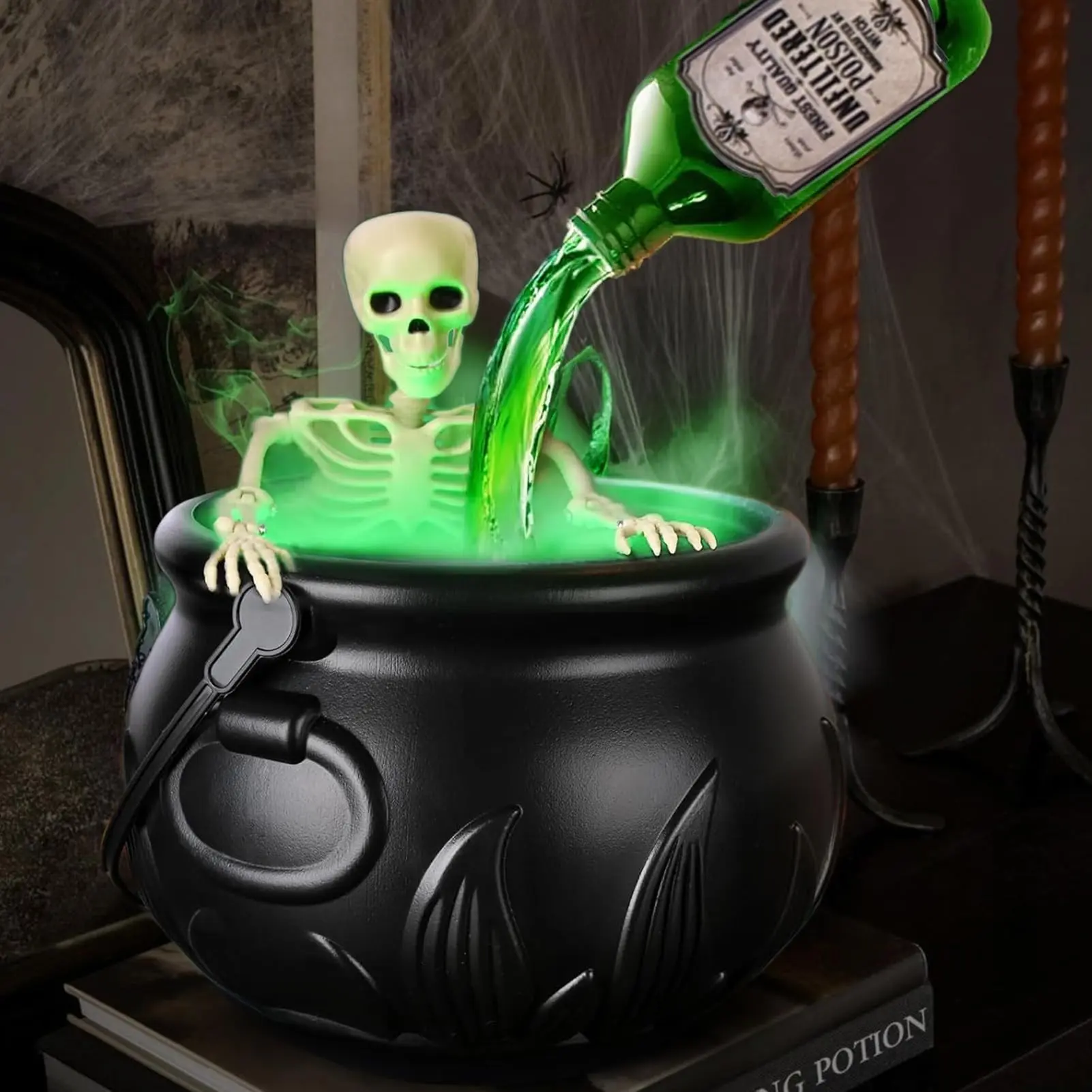 Halloween Indoor Ambiance Decoration – Skull Fire Cauldron Set, Realistic featuring mist effects with LED lights, includes a cauldron mist maker, magic potion bottles with decals, and a skull prop, perfect for kitchens and party decor