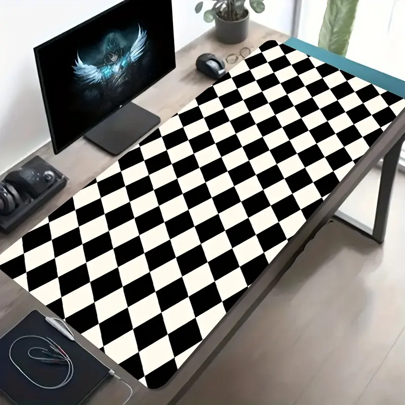 Large-Sized E-Sports Gaming Mouse Pad, Black & White Checkerboard Classic Geometric High-Def Print, Anti-Slip Rubber Base, Washable, Dirt-Resistant, Precise Control Desk Mat for Gamers/Office, Anti-Slip Base