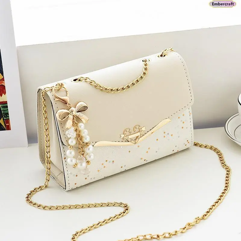 Women's Nylon Mini Crossbody Shoulder Bag - Chain Strap, Sequin Dots, Korean-Style Fashionable Patterned Bag, Sparkly Evening Accessory, Purse, Handbag, Mini Bag