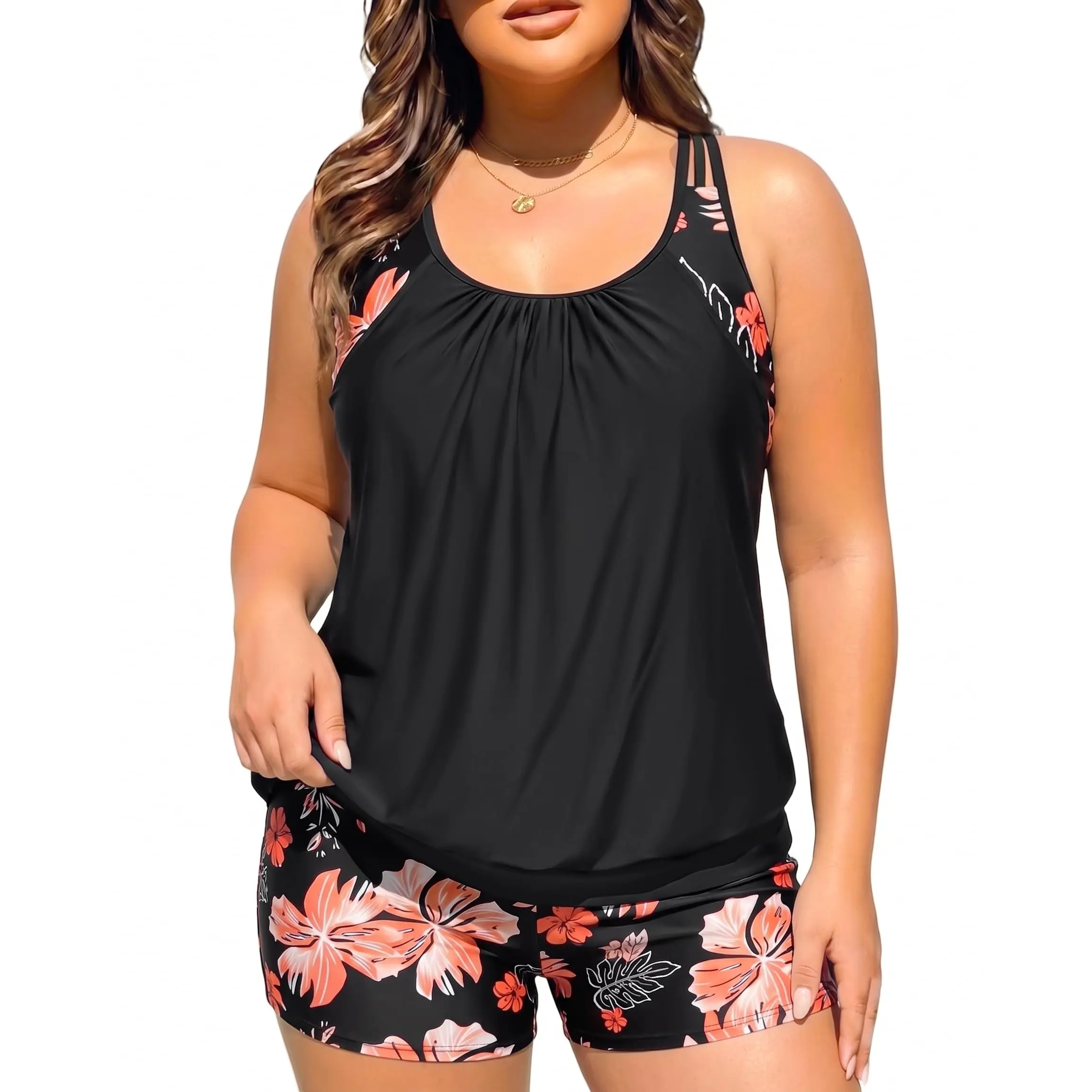 Holipick Floral Plus Size Tankini Swimsuit for Women Two Piece Tummy Control Bathing Suit Blouson Racerback Tankini Top with Shorts