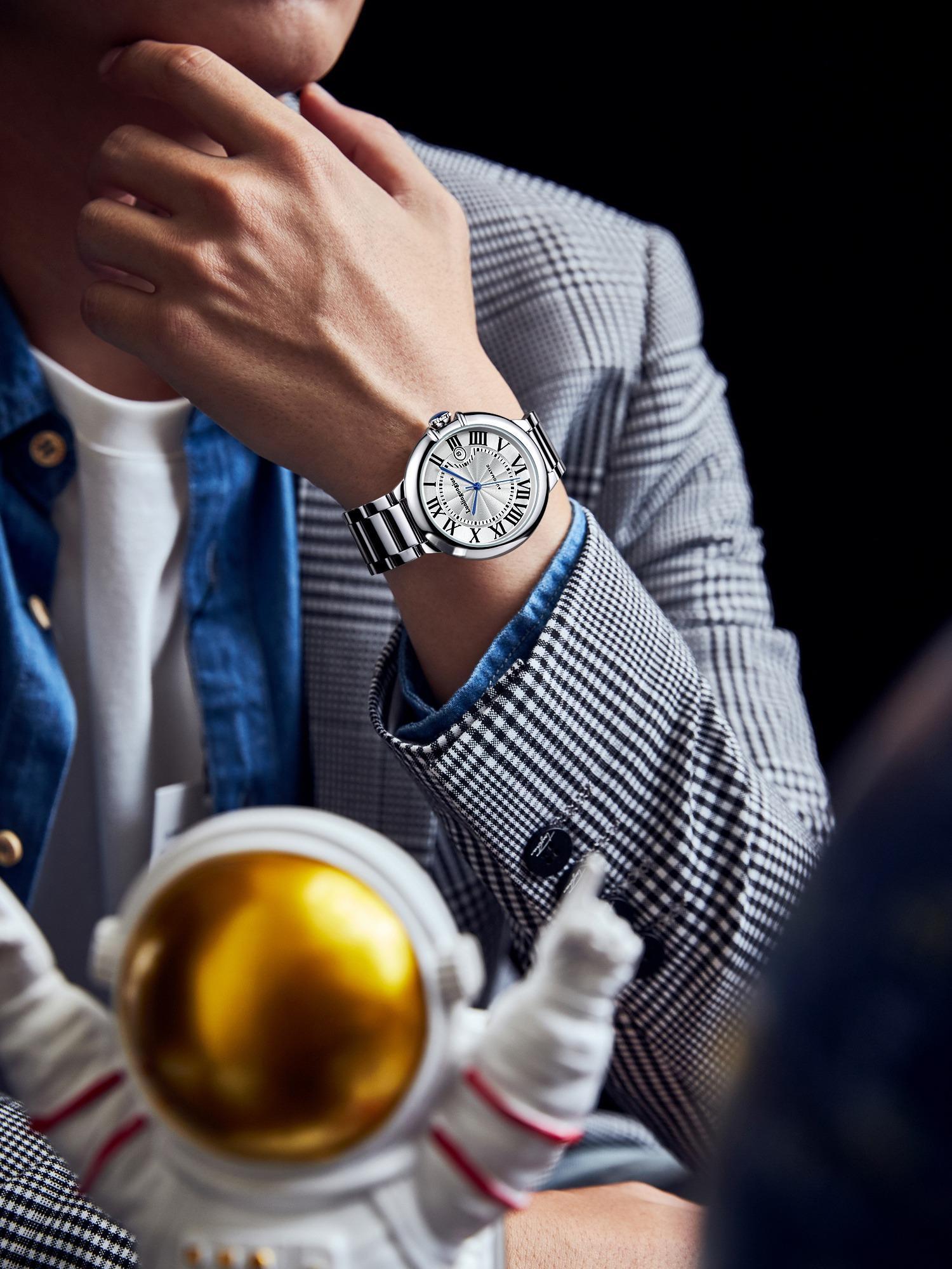 Men's Business Fashion Round Dial Analog Mechanical Watch, Stainless Steel Wristwatch, Fashion Watch for Party, Daily Clothing Decor, Trendy All-match & Exquisite Watch for Birthday Gift with Box