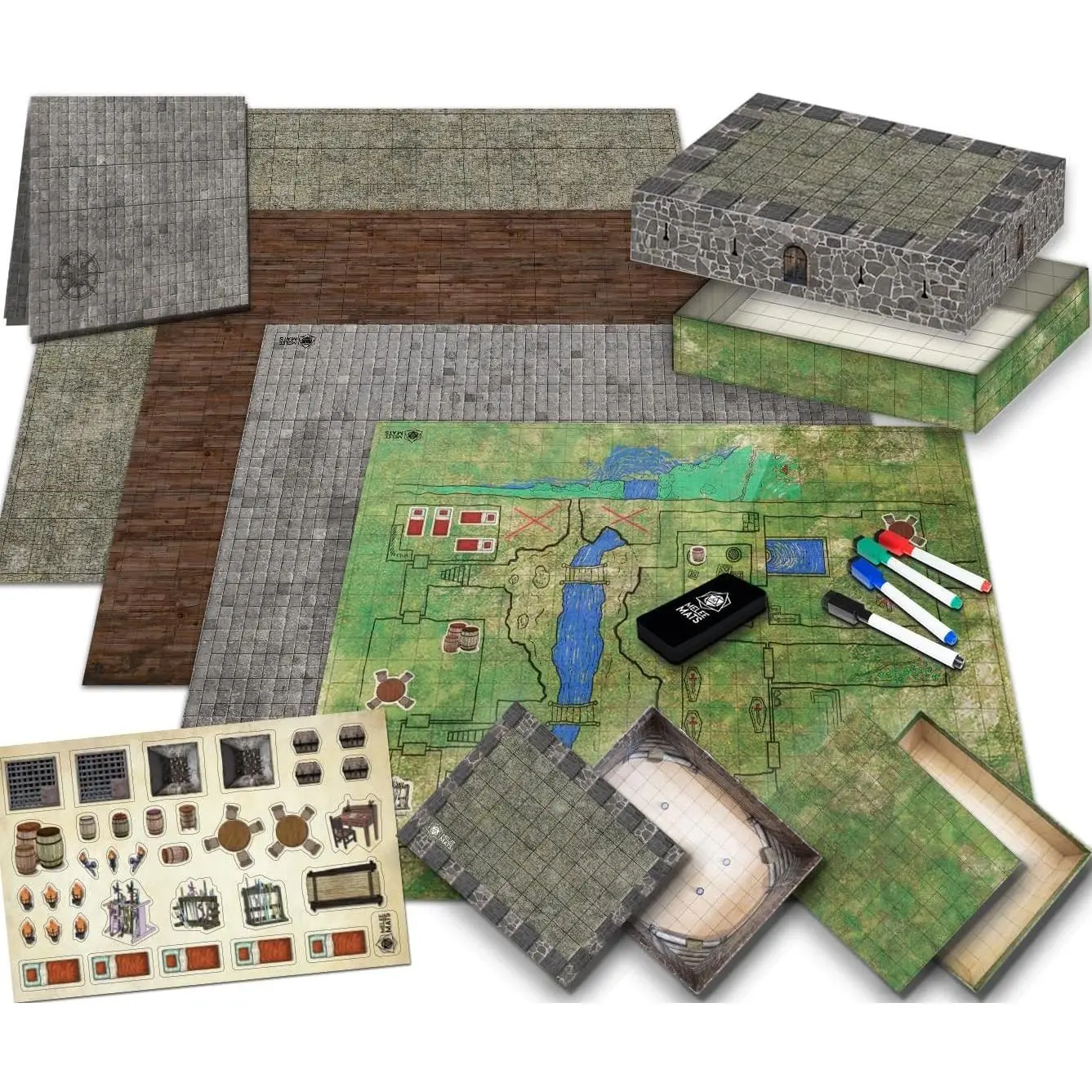 DND Map Starter Set - 22” x 26" Double Sided, Wet & Dry Erase Battle Terrain Grid for Dungeons and Dragons - Tabletop Board Gaming Kit with Accessories