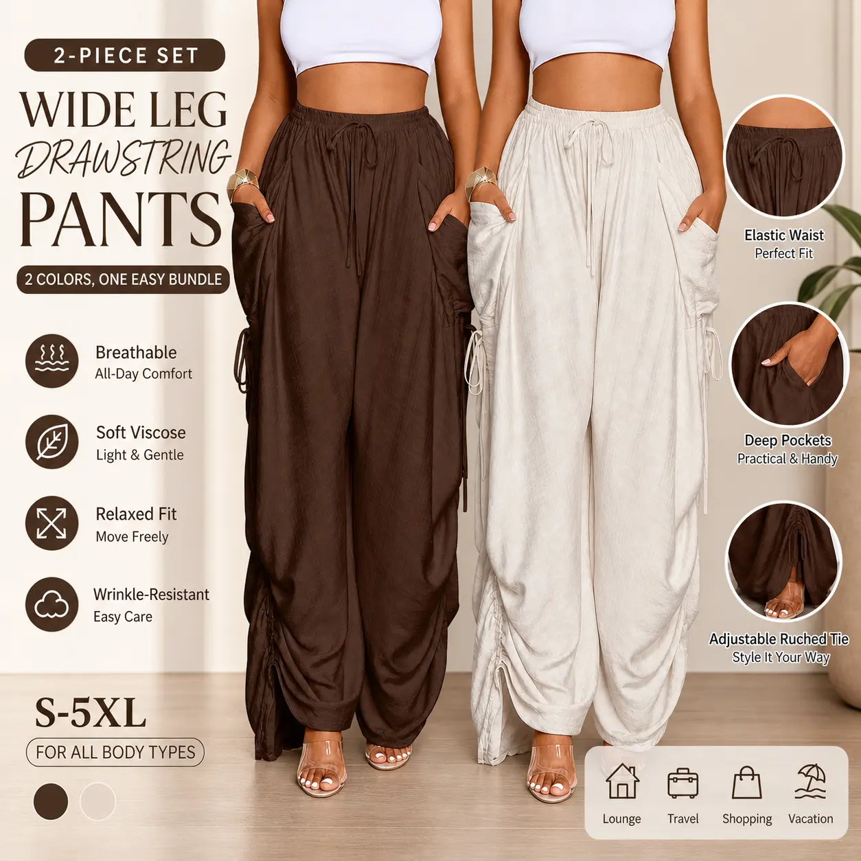 Women’s 2 Piece Wide Leg Pants Set, High Waisted Drawstring Palazzo Pants, Soft Viscose Flowy Trousers with Deep Pockets, Lightweight Breathable Summer Casual Lounge Pants, Loose Fit Travel Vacation Outfit for Women, Elastic Waist Relaxed Fit Pants S-5XL