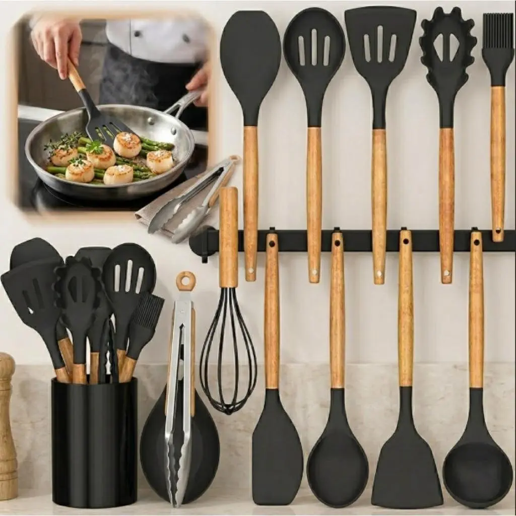 33Pcs Non-Stick Silicone Kitchen Cooking Utensils Set with Wooden Handles & Stainless Steel Accents, Modern Storage Holder - Hanging Essential Gadget for Cooking, Baking, Pasta Prep, Heat Resistant (Turner, Spatula, Spoon) - Ideal for Birthdays