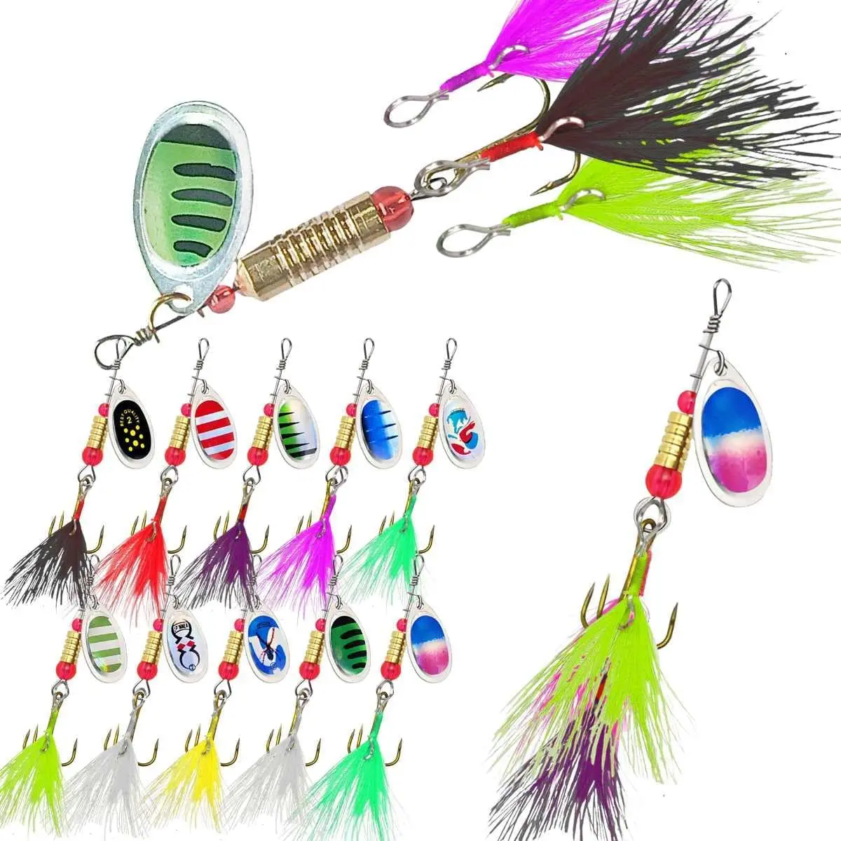 Rooster Tail Fishing Lures Kit, 10 Spinnerbaits w 16 Attachable Rooster Tails in 8 Colors, Fishing Lures for Bass Salmon Trout and Crappie