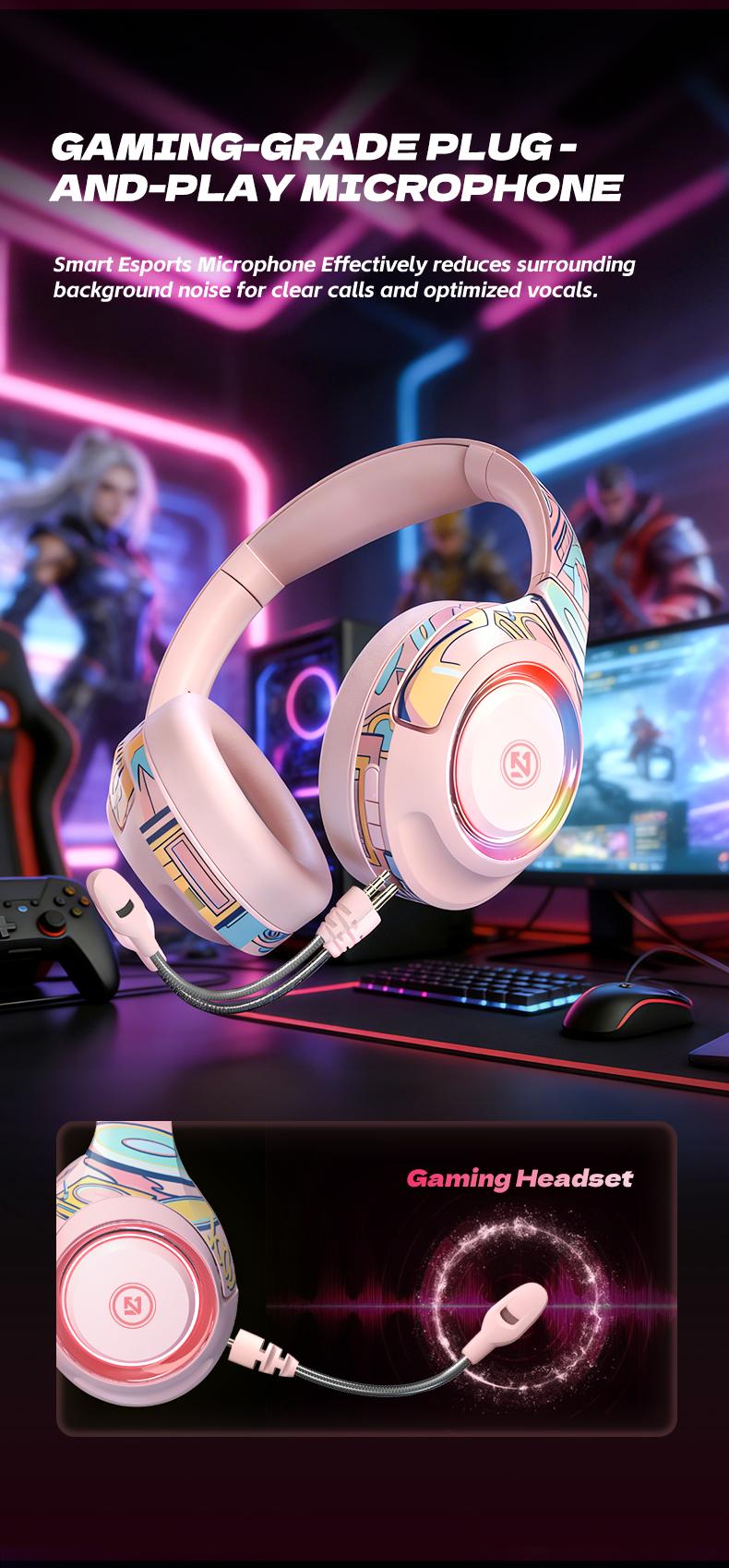 2026 New Wireless Bluetooth Gaming Headset with RGB Lights,40MM Driver,Noise Cancelling Mic,38H Playtime Headphones for PC/Mobile