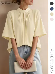 ZANZEA Women's Casual Shirt Elegant Stand Collar Half Sleeve Wrinkled Plain Design Suitable for Daily Outdoors Commuting