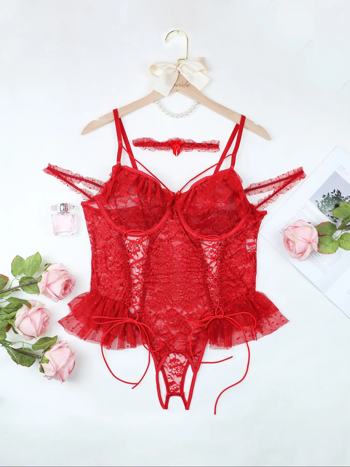 Shapewear Bodysuit Set, Sexy Lace Tie-Up with Steel Ring, Necktie, Perfect for Holidays and Parties, 2pcs