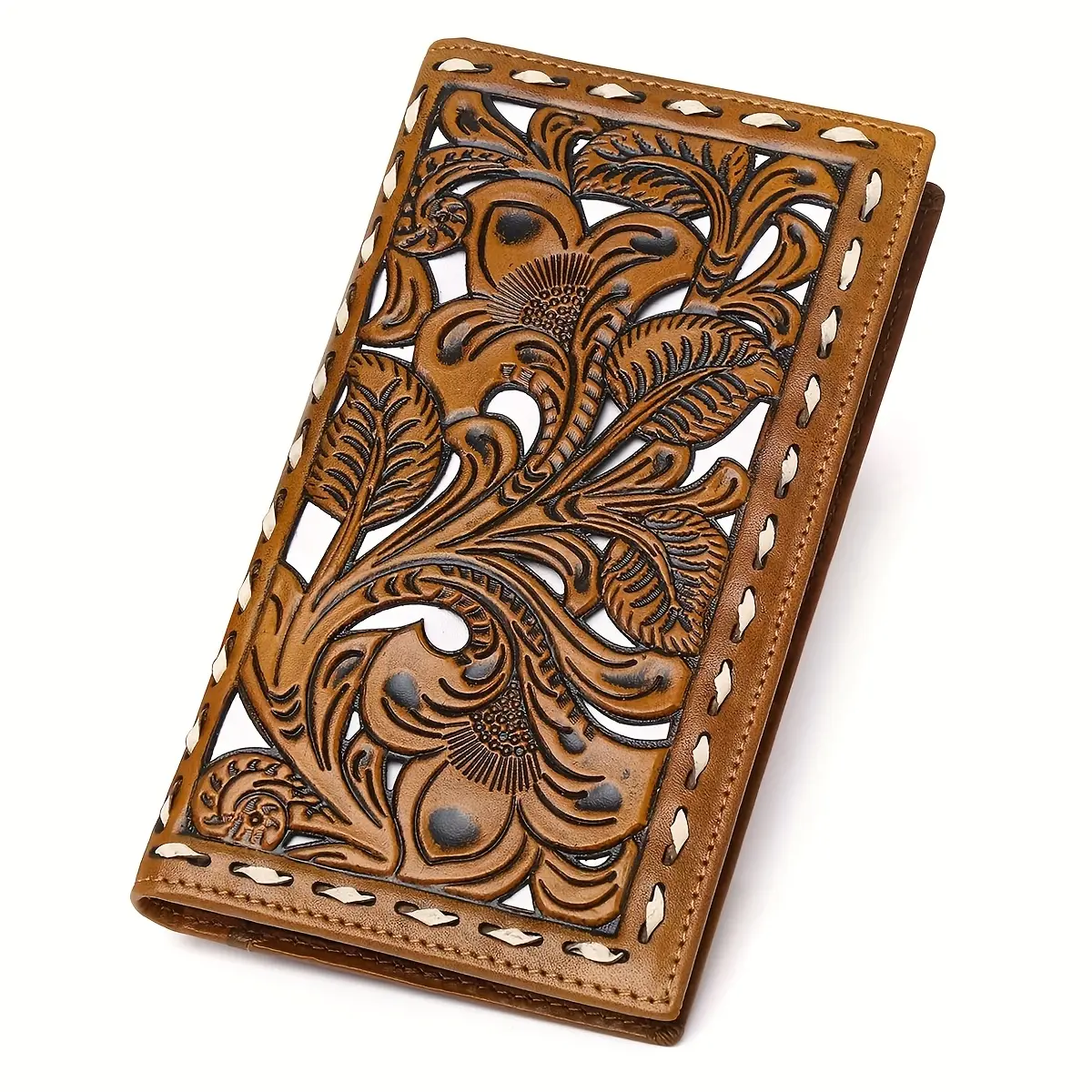 Men's Genuine Leather Western Floral Embossed Long Checkbook Wallet, Men's Accessories, 11 Card Slots Flower Design Mens Wallet