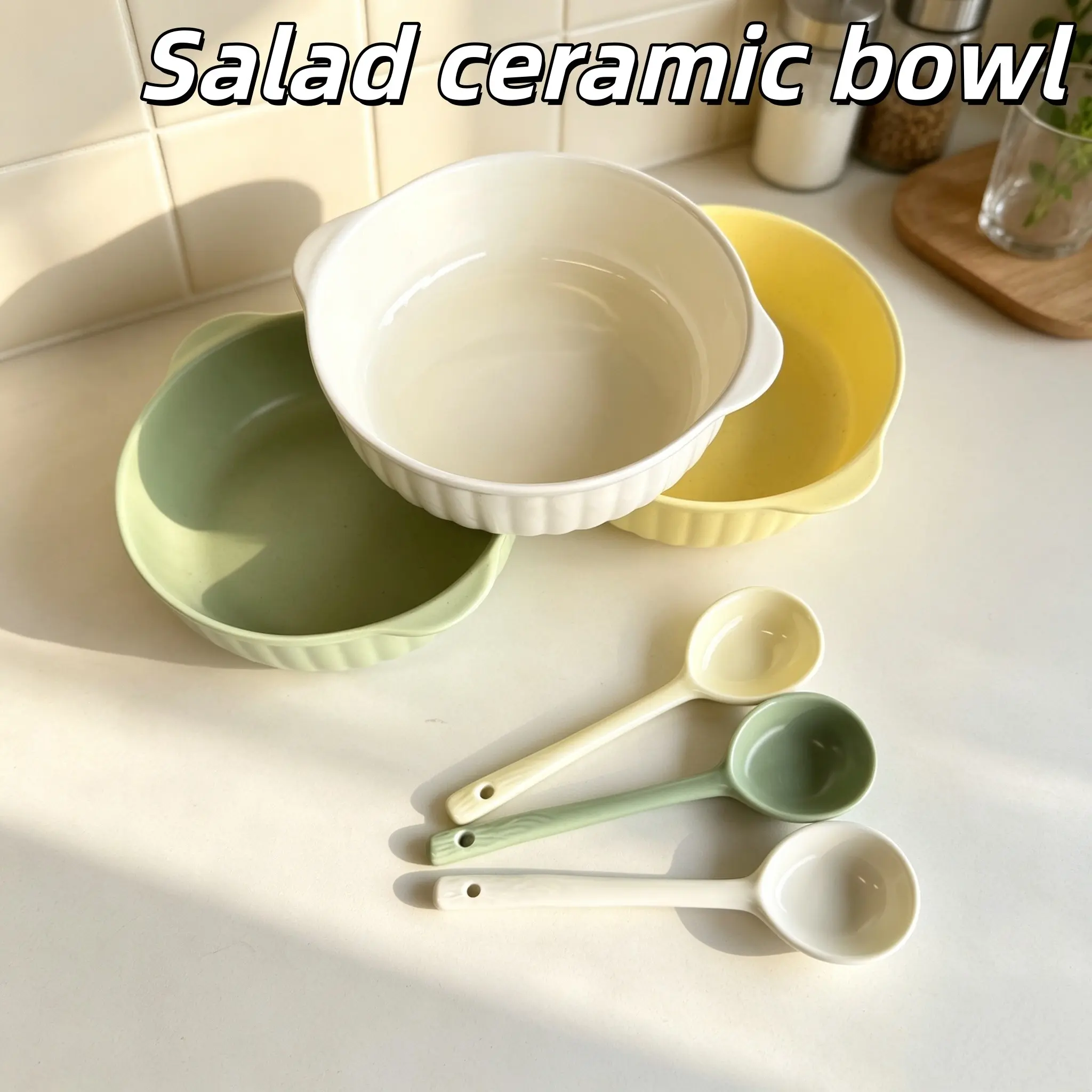 Large Capacity Ceramic Bowl with Handle and Spoon, Salad Bowl, Pasta Bowl, Grain Yogurt Bowl, Soup Bowl, Fruit Bowl, Oven and Microwave Safe