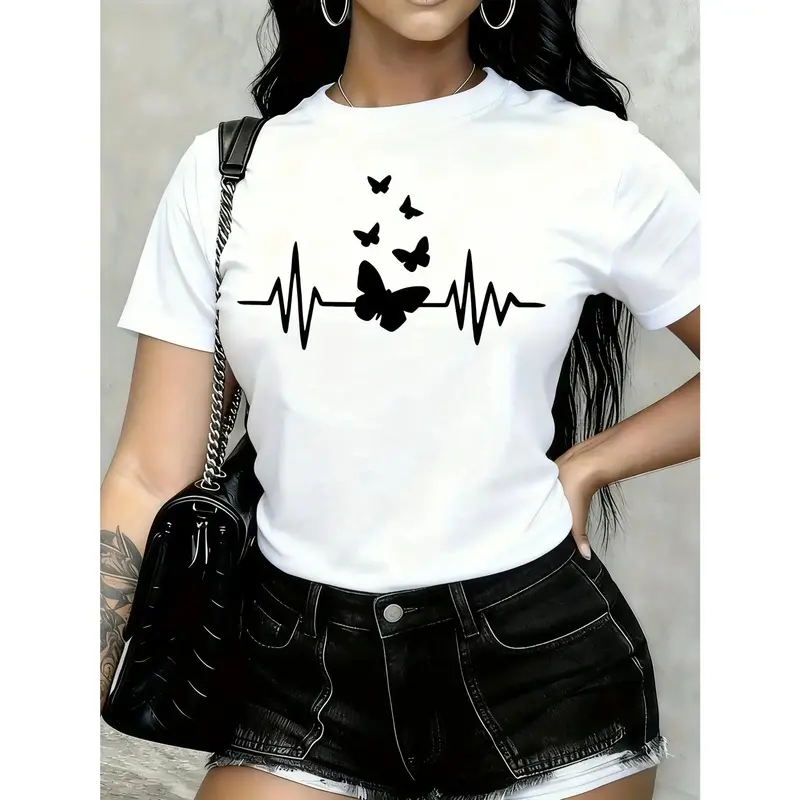 Women's Casual Versatile T-Shirt, Multiple Colors Available, Fashionable Outfit, Heart Spring Summer Print Women's Casual Round Neck Short Sleeve T-Shirt