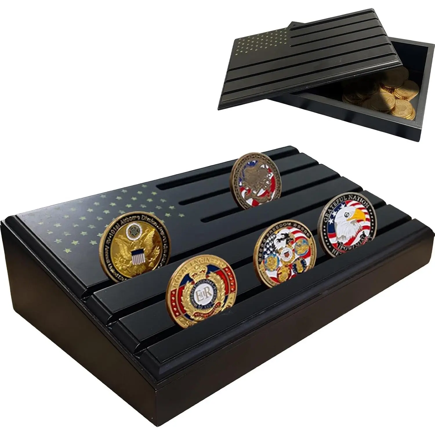 6-Row Military Challenge Coin Display Stand - Challenge Coin Holder with Rustic for Collectors Organize Medals & Memorabilia - Coin Holder for Home, Office, Showcase (Holds 30-36 Coins, American Flag ) (Black) (Black-Storage Box)