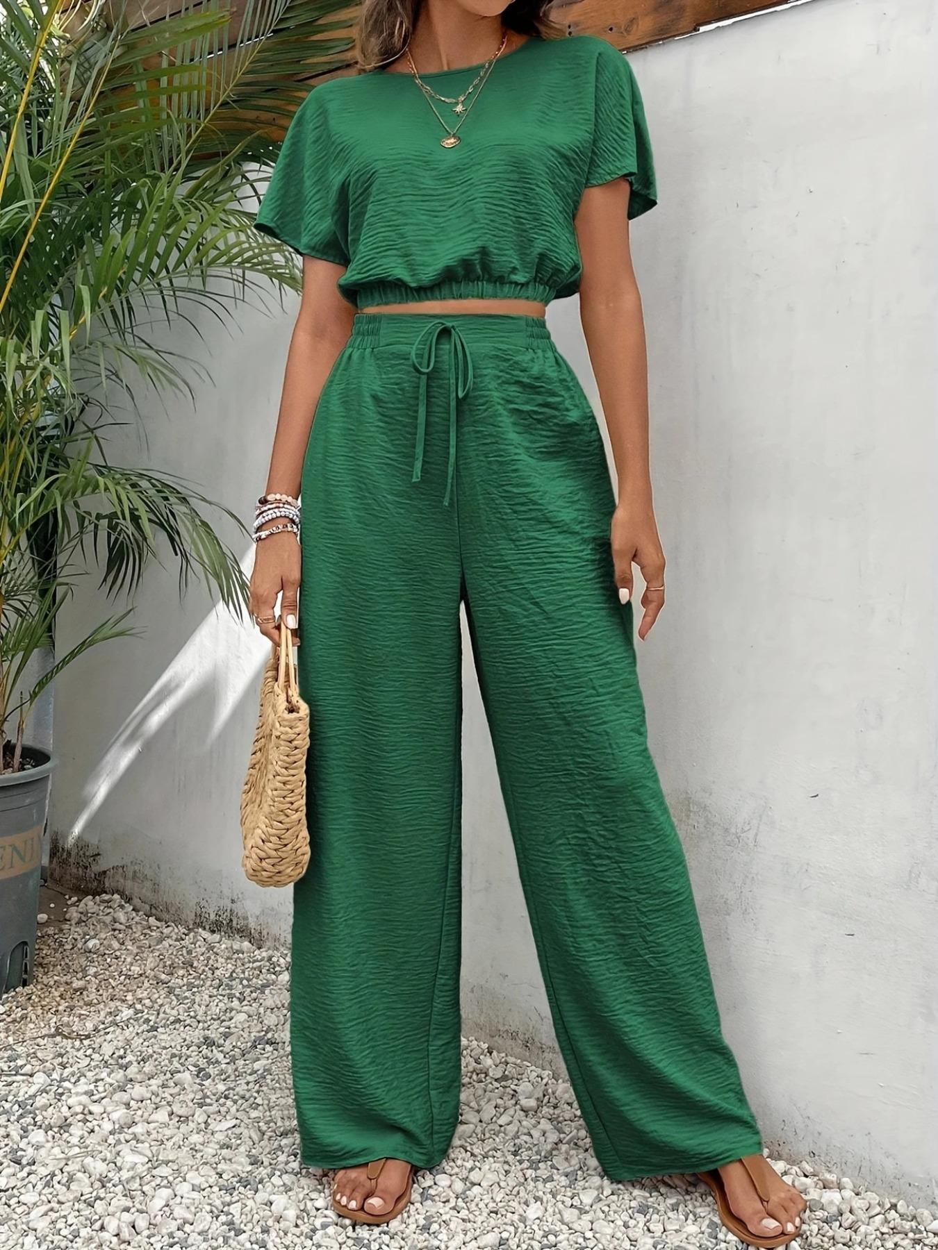 Women's Solid Color Top & Wide Leg Pants Two-piece Set, Casual Round Neck Top & Elastic Waist Drawstring Trousers for Summer, Ladies Clothes for Daily Wear, Womenswear Women's Solid Color Top & Wide Leg Pants Two-piece Set, Casual Round Neck Top & Elastic Waist Drawstring Trousers for Summer, Ladies Clothes for Daily Wear, Womenswear