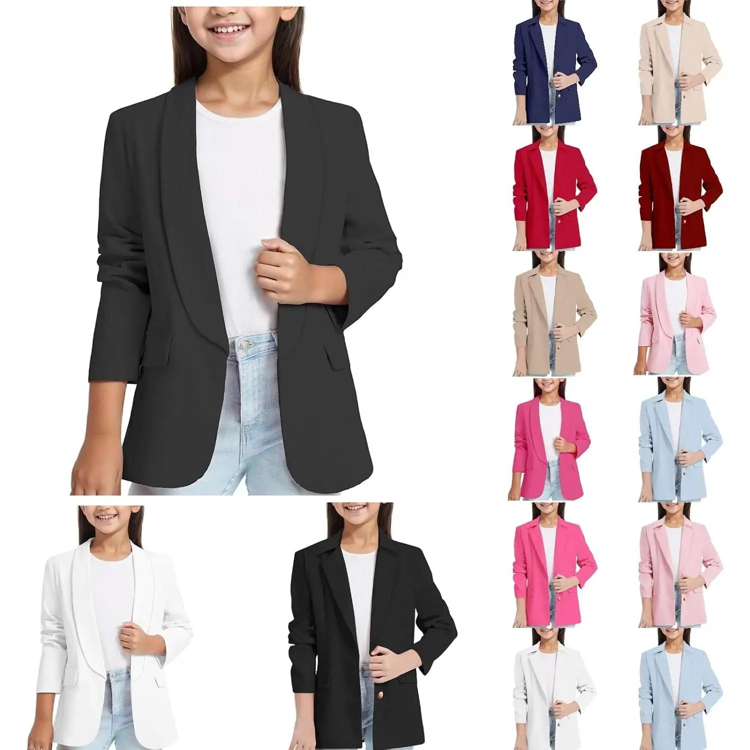 Girl's Blazer Jacket Long Sleeve Casual Dressy Uniform Jackets 3-14Y | Notched Collar/Lapel Neck,Open Front/Button Down Suit Coat,Relax Fit,Lightweight,Back to School