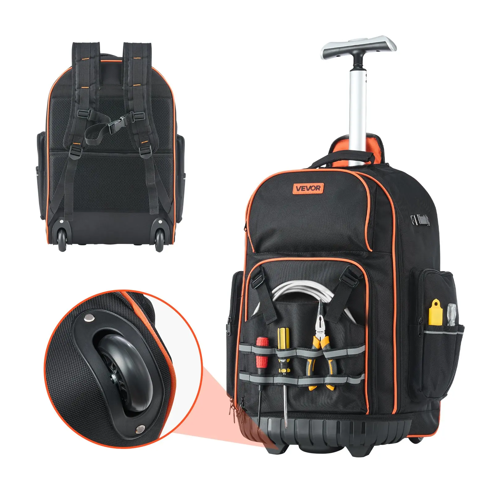 VEVOR Heavy Duty Rolling Polyester Backpack, 110 lbs Load Capacity, 72 Pockets with 3 in PVC Wheels, Adjustable Telescopic Handle, Stable Base, Organizer with Adjustable Shoulder Strap for Construction, Mechanic