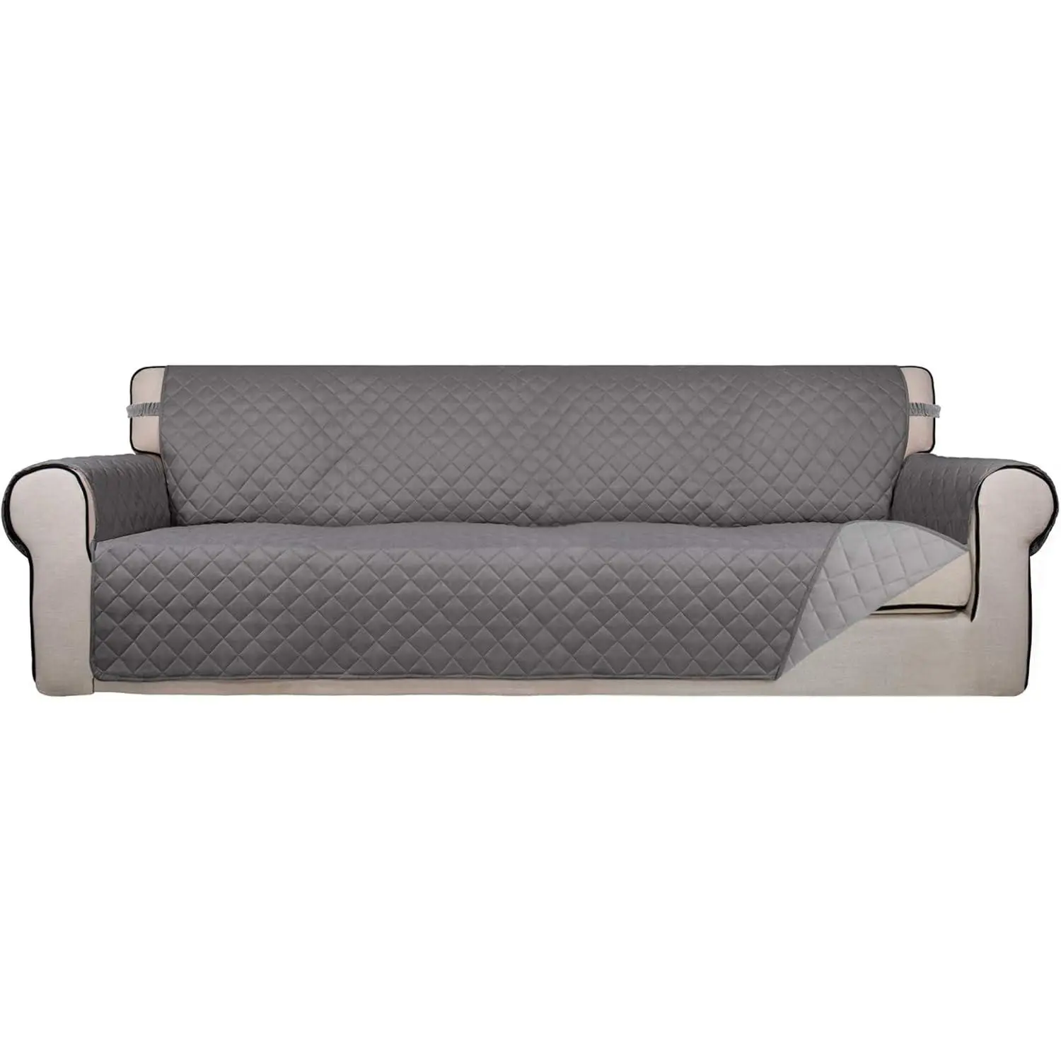 Reversible Quilted Sofa Cover, Water Resistant Slipcover Furniture Protector, Washable Couch Cover with Non Slip and Elastic Straps for Kids, Dogs, Pets (XX Large, Gray/Light Gray)
