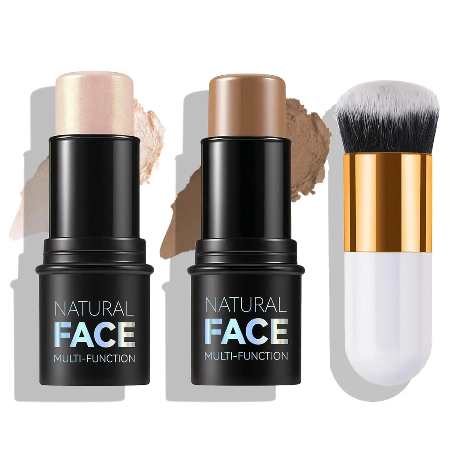 Bronzer Stick Highlighter Stick Cream Contour Stick Makeup,2PCS Moisturize Contour Kit with Contour Brush,Long Lasting &amp;   Smooth Highlighters Makeup Stick for Beginner-Light Medium
