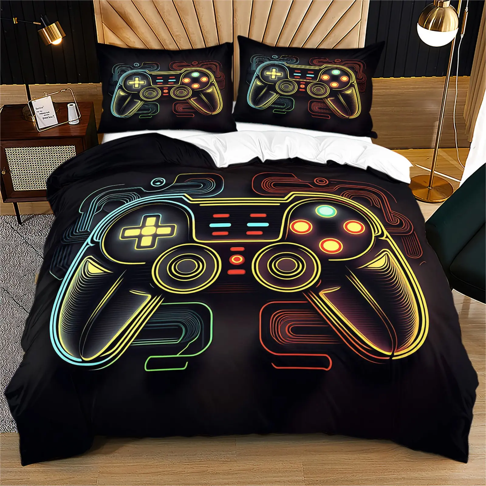Neon Line Game Controller 3pcs Duvet Cover Set, Soft Microfiber Bedding, Cyber Arcade Gaming Bed Linen, Teen Boys Birthday Gift