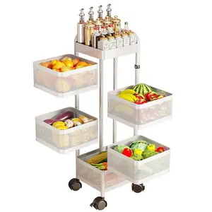 Space-Saving Rotating Kitchen Storage Cart – 4/5-Tier Thickened Carbon Steel Organizer with Wheels, Top Lid, Rotating Fruit & Vegetable Basket, No Assembly