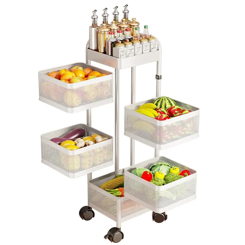 Space-Saving Rotating Kitchen Storage Cart – 4/5-Tier Thickened Carbon Steel Organizer with Wheels, Top Lid, Rotating Fruit & Vegetable Basket, No Assembly
